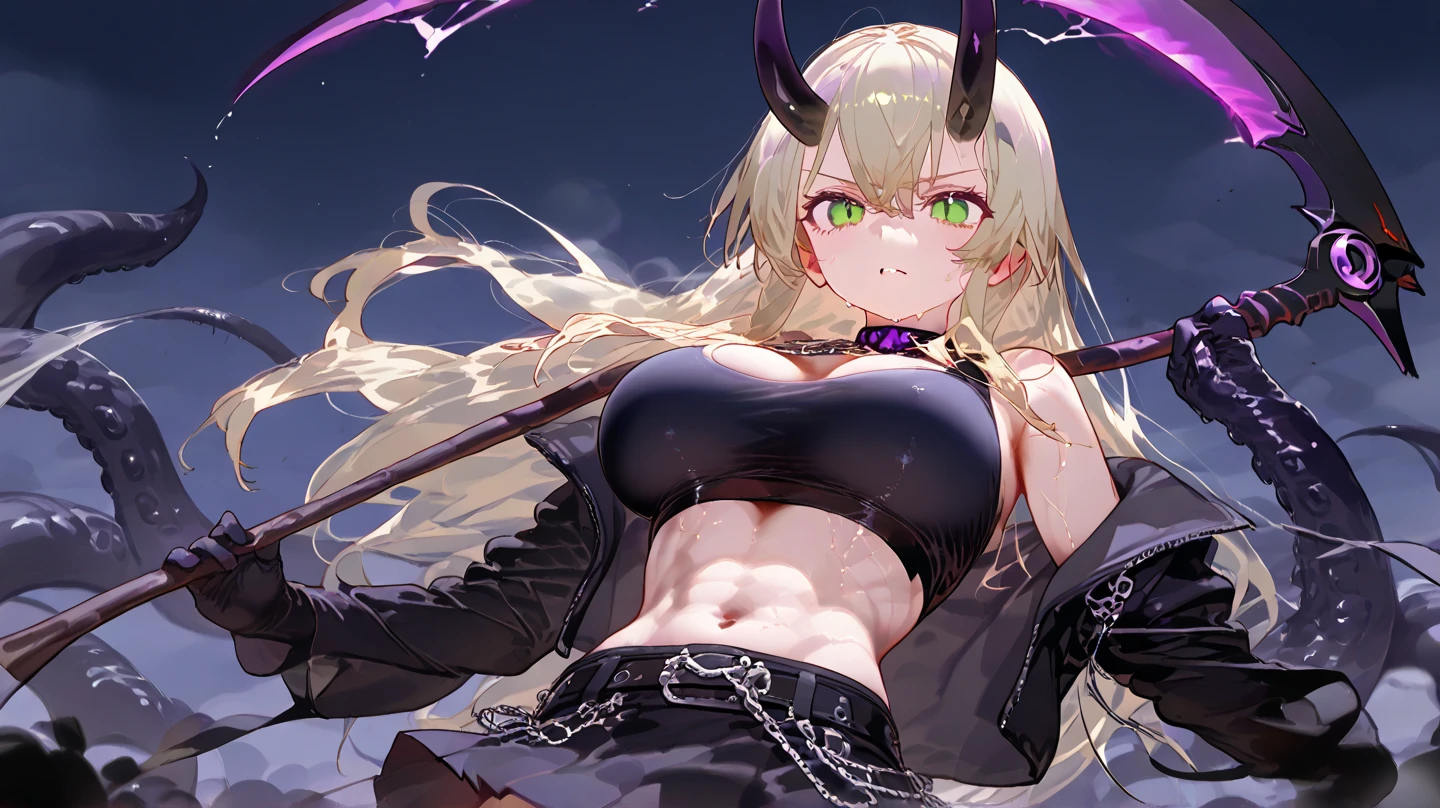 1 girl, game CG, see-through black dress, cleavage visible, navel visible, black panties, devil's tail, devil's horns, hair scrunchie, gigantic breasts, blonde, middle hair, side ponytail, green eyes, Halloween background,