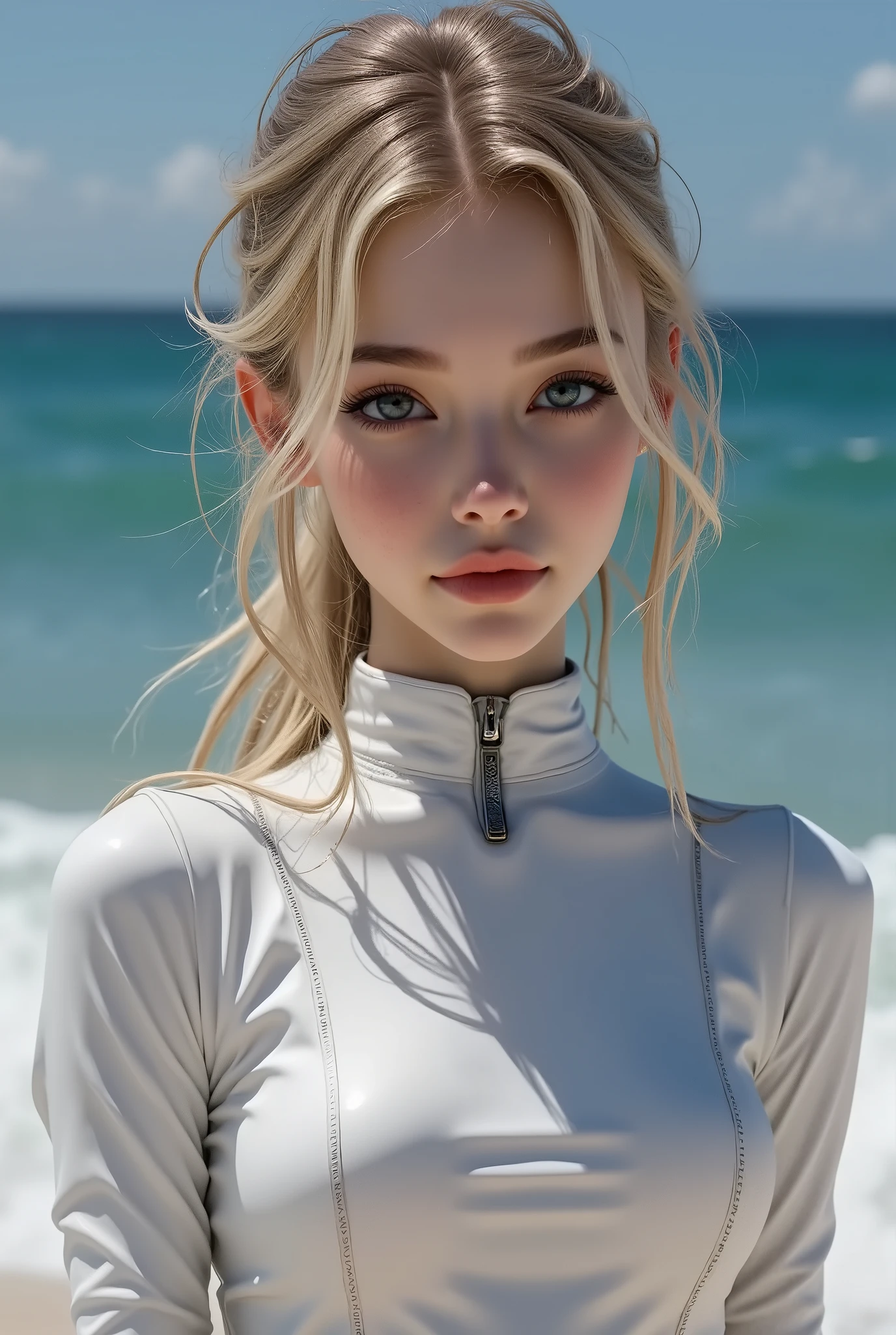A (1 girl: 1.3)24-years-old、with perfect figure Full body shot, ((Ultra-realistic最high quality、 8K、 The ultra -The high-definition))、(photorealistic: 1.75)、(Realistic: 1.75 )、(tmasterpiece)、((absurdres))、 ((sharp focus))、((perfect figure))、((Very detailed facial and skin textures))、(Realistic faces)、Original photo、(Very beautiful and detailed face :1.43)、(very detailed eyes: 1.35)、(very detailed lips: 1.21)、(very detailed nose: 1.mall head: 1.4))、 full body esbian、((High Contrast))、((Erotic:1.6))、(((dynamic random fancy, professional hairstyles:1.32)))、((random expressions))、(firm full breasts:1.44)、 (narrow waist:1.3)、medium ass、 beautiful cheekbones、 (slim belly: 1.3)、((well-muscled body:1.3))、 ((slim face)), ((anatomically correct)), Wetty, Wet hair, (((surfing on waves:1.44))), (Ride a colorful surfboard:1.45), ((very intricate design of bodysuits:1.34)), (Super Shiny white Latex Bodysuit:1.3), (Ultra-tight fit bodysuit with super reflective:1.35)、 Landing of the winner in the international surfing competition、Looking at Viewer, Sunlight,