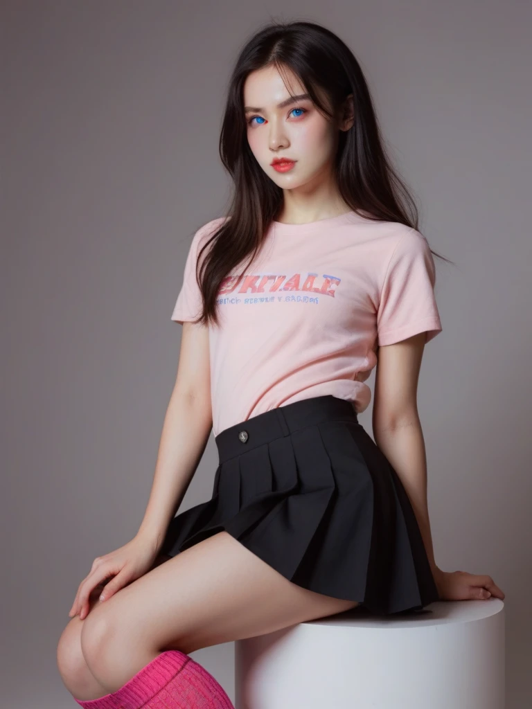 (1girl:1.3), solo, __body-parts__, Kim Ji-ni Jennie face, Korean ins style, babes style, top pink cropped waistless print kitten T-shirt, pink knitted hot pants, white socks, sneakers, 8k resolution image, intricate symmetry details