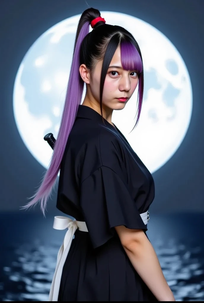 beautiful girl with purple hair and a white jacket holding a sword, kimetsu no yaiba, realistic