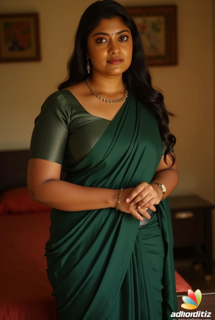 South Indian women, wearing light green colour chiffon transparent shiny skirt and black chiffon shirt