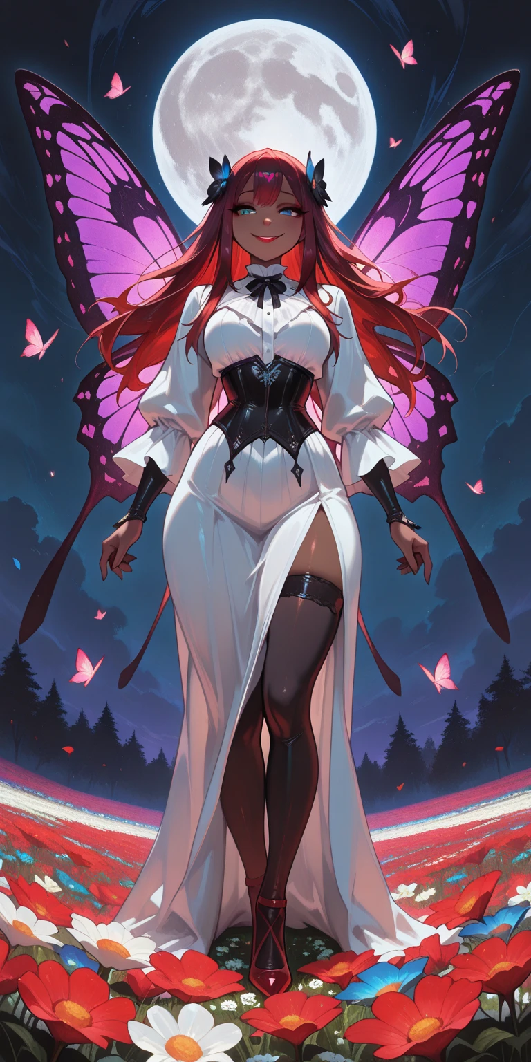 長い髪を持つbeautifulアニメ風のフラワーガール,((Bright flowers)),(((Pink Hair)))Long Wavy Hair,(((Highest quality)))Transparent Hair,Wicked Smile,Eyes full of desire,(((Pink eyes))),Greedy Beauty,(((A well-defined, glamorous body)))((Huge bust))Tight waist,(((Doing body paint)))A radical beauty in a provocative kimono,(Floral clothing)((Excessive clothing)),((Kimono that exposes the chest and navel)),White Skin,beautiful,(((Astride a giant flower))),((Sexy appearance)),(((detailed)))Full Body Shot,Countless butterflies(((background)))fog,Red Moon,Flower Field,In the mysterious forest。