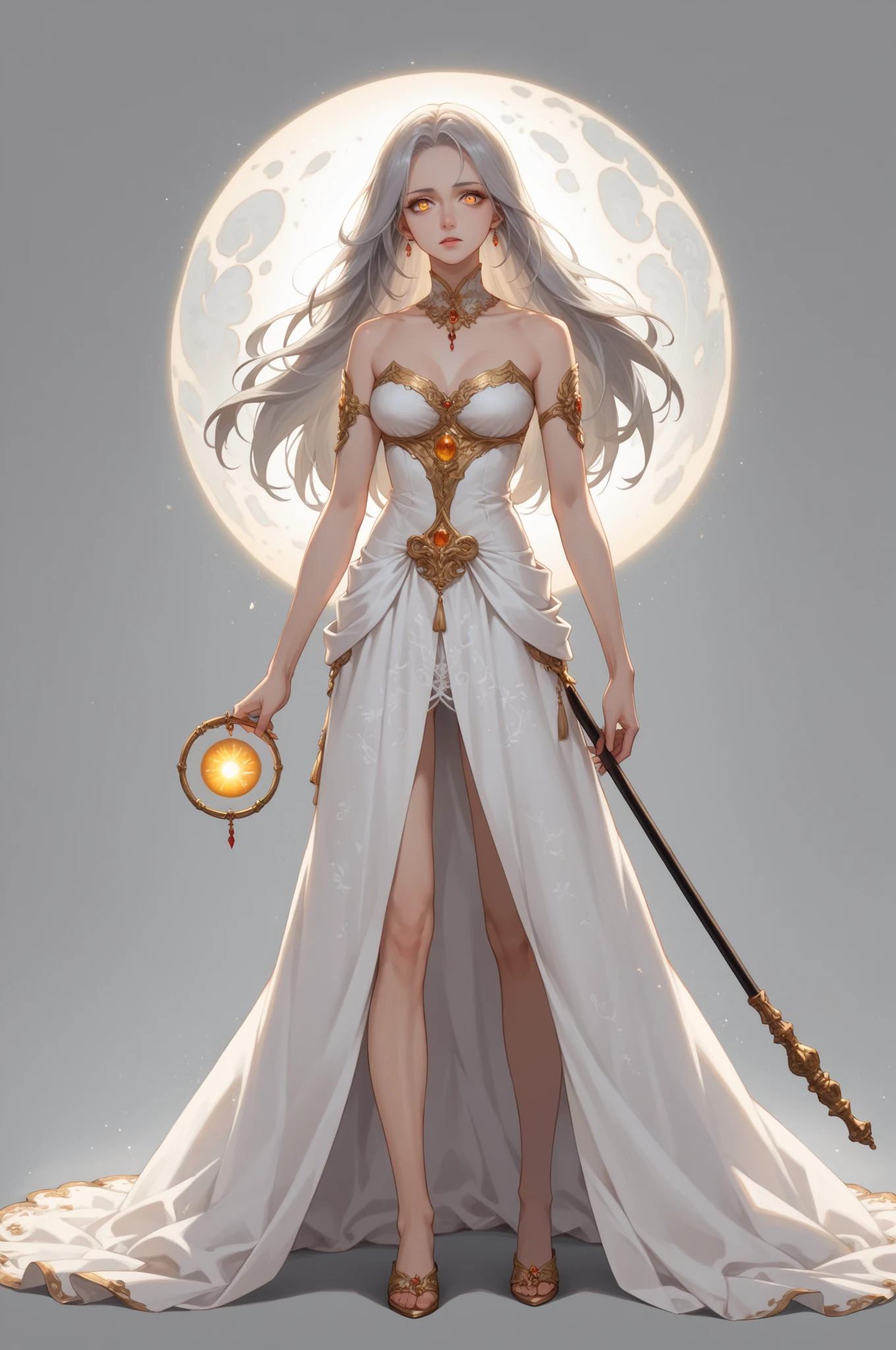 beautiful woman，with silver hair, red eyes and dark skin，White evening dress，gold tiara gold necklace gold jewelry，，cleavage，Thong，Transparent long skirt，，sandals，White Rose，desert，river，