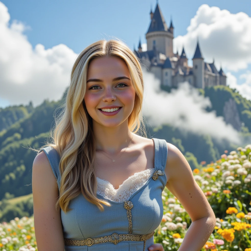 European woman, closeup, (shirt), pants, (disney castle), cross necklace , ZM_angelica, wide shoulders, perfect face, (contact iris: 1.1), pale skin, skin pores , depth of field