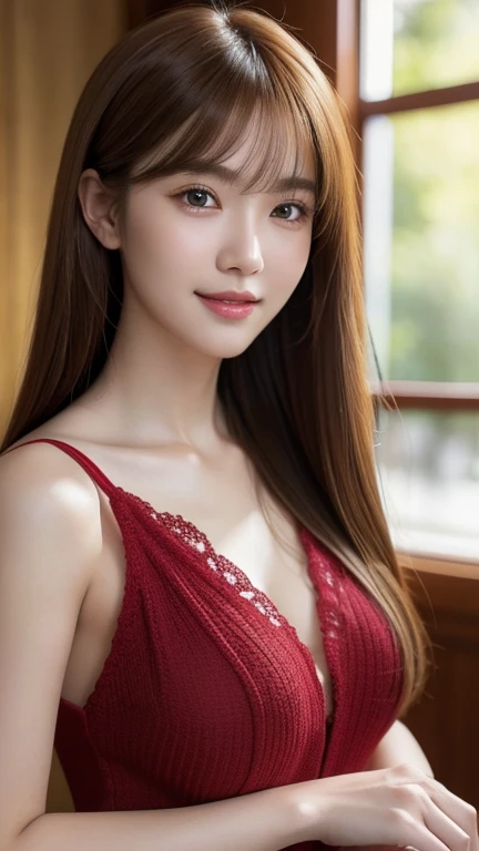 nordic young woman, cute face, seductive, best quality, masterpiece, translucent summer dress, golden hour, detailed textures, long braded hair, sitting on bed, posing, casual pose, wooden cottage, interior, [blush], aesthetic, intricate, caustics, light rays, sunlight, (((soft lips))), (((glossy lips))), highly detailed, (semi-realistic:1.2), niloudef, red hair