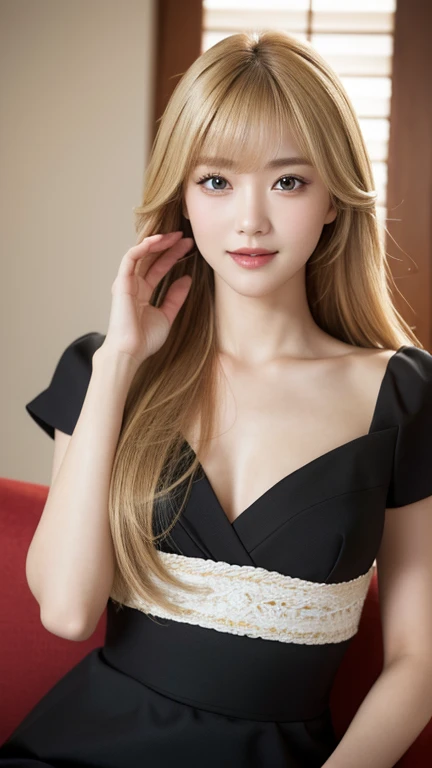 masterpiece, best picture quality, high quality, beautiful girl, Japanese, Japanese school girl, detailed, detailed eyes, detailed skin, beautiful skin, ultra high resolution, (reality: 1.4), very beautiful, slightly younger face, beautiful skin, slender, (ultra realistic), (illustration), (high resolution), (8K), (highly detailed), (best illustration), (beautifully detailed eyes), (super detailed), (wallpaper), (detailed face), looking at viewer, fine details, detailed face, smiling, looking straight ahead, angle from waist up, realistic photo, bright lighting, professional lighting, blonde, long hair, gorgeous red and black dress, mature woman, long stylish bangs,