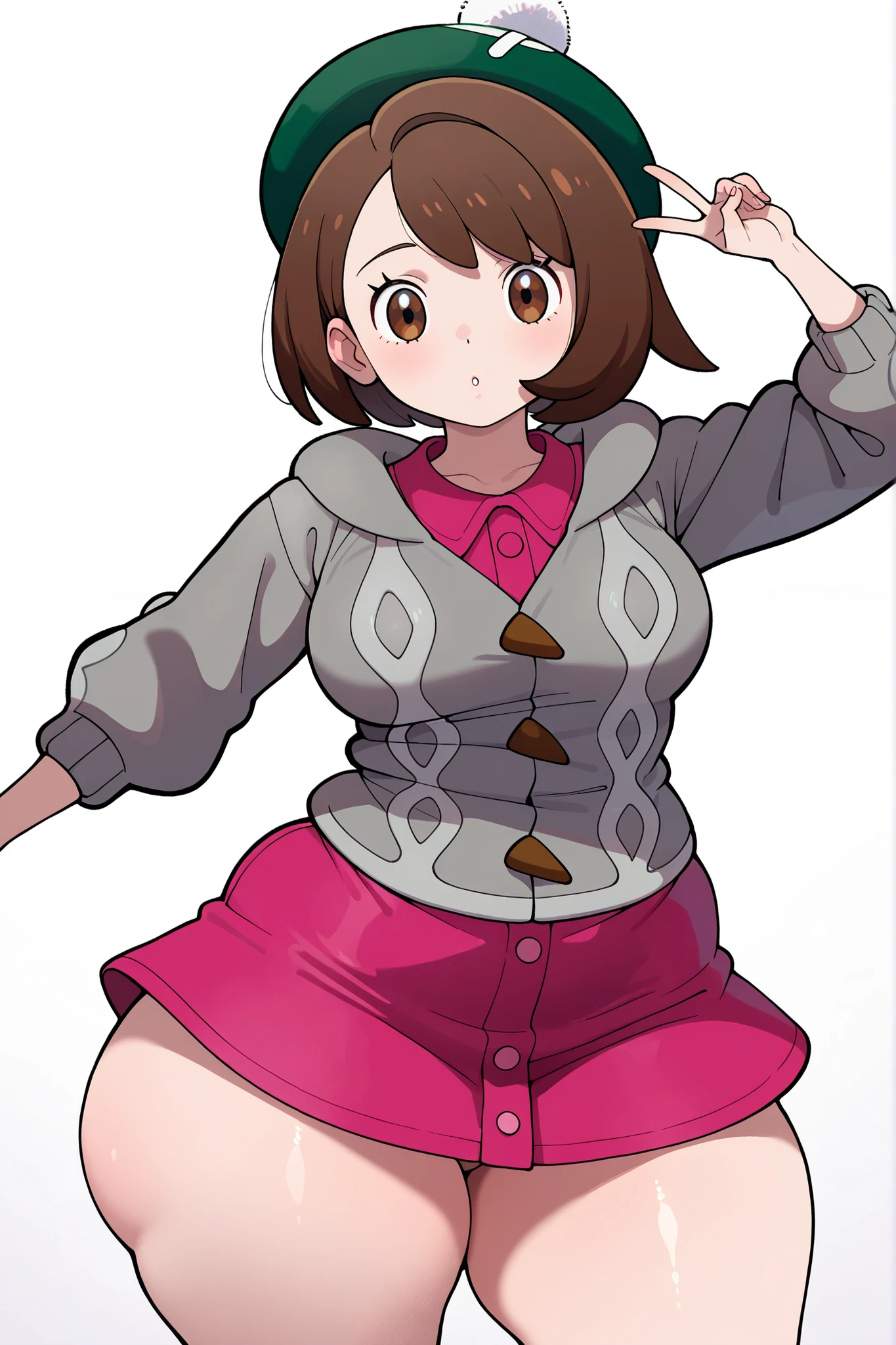 (yoneyama mai:0.8),(watercolor art),realistic,(anime lines:0.7),
materpiece,amazing quality, high quality,best quality, very awa, highres, absurdres,uncensored,very aesthetic, gritty aesthetic, hand-drawn, dynamic shading, textured hair, clean line work, dynamic line work, vivid coloring, soft shading, glossy effects, sketch lines, BREAK,
1woman, solo, female focus, blackwhiplashstyleil, gloria, gloria (pokemon), short hair, bangs, brown hair, brown eyes, eyelashes, bob cut,
hat, dress, buttons, cardigan, pink dress, green headwear, collared dress, cable knit, grey cardigan, tam o' shanter, hooded cardigan, wide hips, large thighs, bubble butt, thick thighs, breasts, dynamic pose, v-sign, peace sign, front facing, facing viewer, dynamic shot, blank background, looking at viewer, facing viewer, white background
BREAK, detailed illustration, detailed background, detailed eyes,depth of field,
materpiece,amazing quality, high quality,best quality, very awa,very aesthetic,