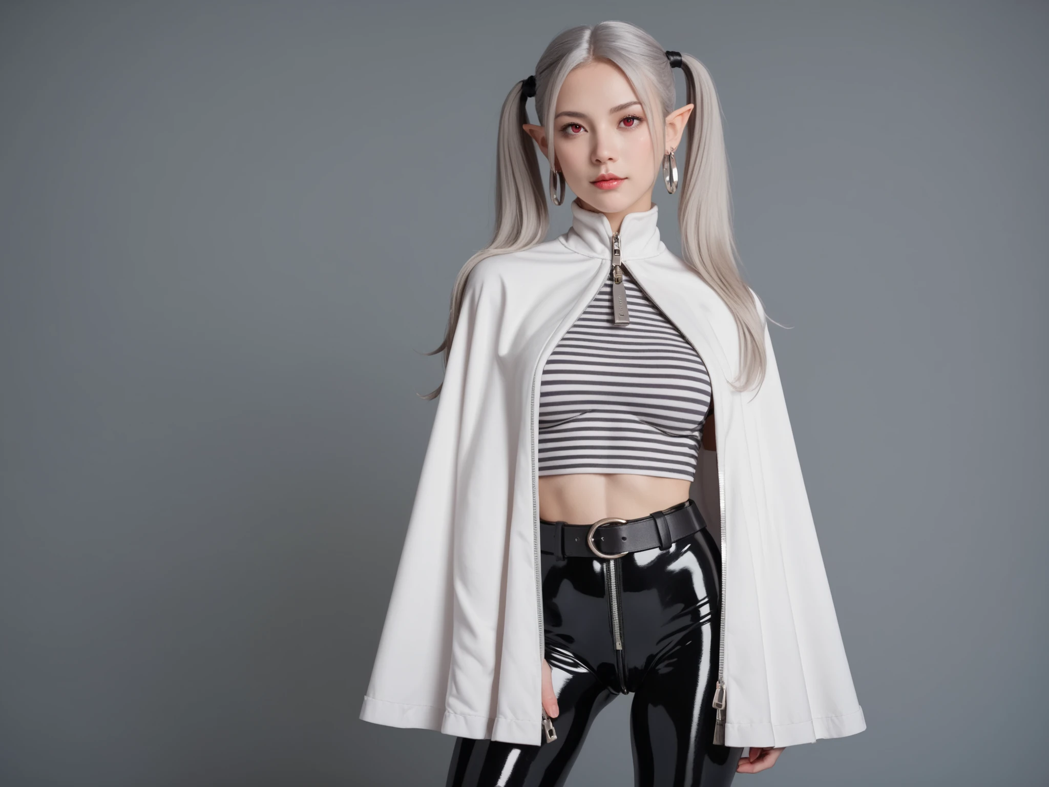 foto ultra realista, masterpiece,amazing quality,best quality,ultra-detailed,8K, bodysuit, latex, zipper, unzipping,red eyes, Silver Hair,FrierenSSnF, grey hair, long hair, green eyes, twintails, parted bangs, earrings, pointy ears, FrierenCasual, striped shirt, white capelet, black belt, white skirt, long sleeves, black pantyhose, She has her shirt open showing her , she is showing her pussy
