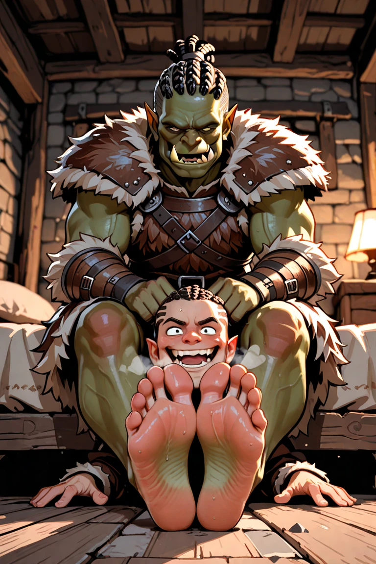 A handsome,Orc with abs tied to the sofa,Shoes taken off,Revealing two big bare feet,Both feet are locked in the foot,Feet raised,Soles facing forward,Five toes tied with rope in foot,His hands were tied tightly to one end of the sofa.,His upper body was stripped,Wearing only a pair of trousers,Being tickled by a man in a cap,His armpits were constantly tickled by feathers.,The soles of his feet were being scratched by two brushes.,The toes are also tickled by the feathers growing from the toes.。The abdomen is scratched with a brush,And he laughed,Struggling hysterically,Swinging his two feet,I want to escape from this nightmare.,But can only endure the punishment of being tickled。*(Have an expression of laughing like being tickled,Keep your feet elevated,The soles of your feet should face the screen)