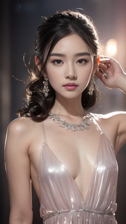 best qualtiy,tmasterpiece,A high resolution,1girl,soft-colored bra, front-closure bra set,hair adornments,choker necklace,jewely,beautiful face,Dark glossy lipstick,Physically,dingdall effect,realisticlying,dark studio,edge lit,twotonelighting,(highdetailskin:1.2),8k uhd, dslr, softlighting, high high quality, volumettic light, sneak shot, photore, A high resolution, 4k, 8k, Background bokeh, small breast