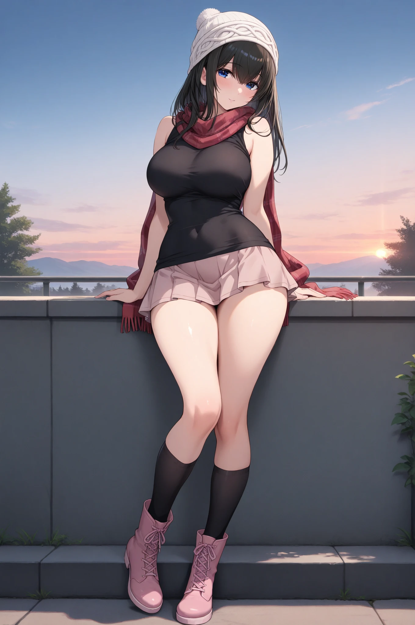 top-quality、Full limbs、complete fingers、Slender beauty、Women with straight hair、Brown-haired woman、Women with medium hair、(Beautiful busty woman:1.3)、(black knit leotard)、((Red shorts))、Black High Socks、Naughty Poses、a park、A big smile、Dancing