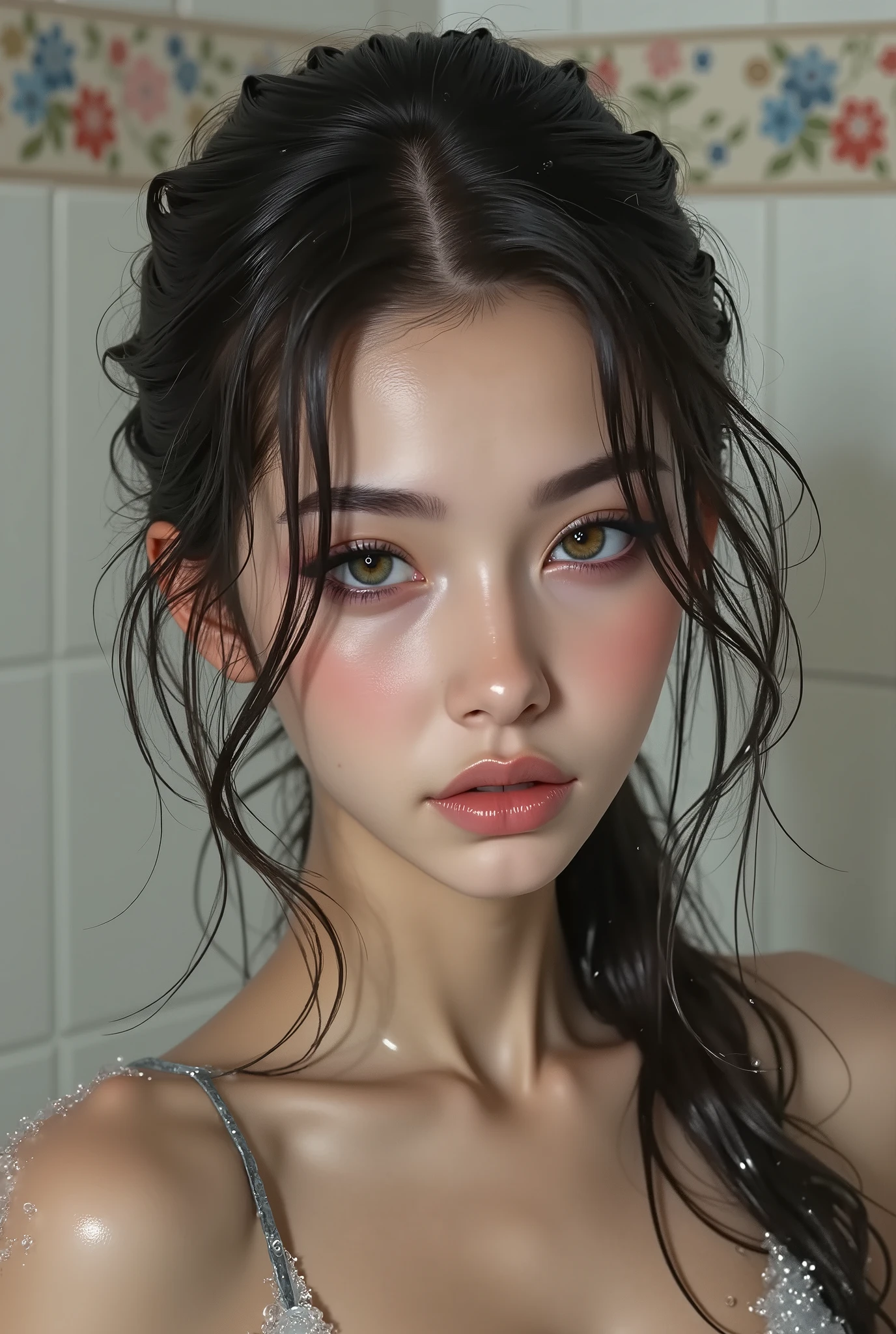 fashionable beautiful model with perfect figure ((in the shower)), ((in the background tiles with a floral)), ((Ultrarealistic – high quality, 8K, ultra-high resolution)), (1 girl: 1.3), (photorealistic: 1.55), (Realistic: 1.55 ) 、(masterpiece)、((absurd))、 ((very sharp))、((perfect figure)), ((Very detailed facial and skin textures)), (Realistic faces), Original photo, (Very beautiful, detailed face :1.38)、((very detailed lips: 1.21)、(very detailed nose: 1.mall head: 1.4))、 full body esbian、((High Contrast))、((Erotic:1.6)), ((random expressions))、((firm full breasts:1.35)), (narrow waist:1.3), medium ass, beautiful cheekbones, (slim belly: 1.3), ((well-muscled body:1.3)), ((slim face)), ((anatomically correct))、(professional lighting)、((water gushing from above:1.15)), ((wet whole body and soaked hair:1.25)), ((thick layer of foam from large bubbles in all intimate areas: 1.4)), ((bent:1.3)), looking up, ((side shot)), ((from below:1.3)), ((body shot to knees))、