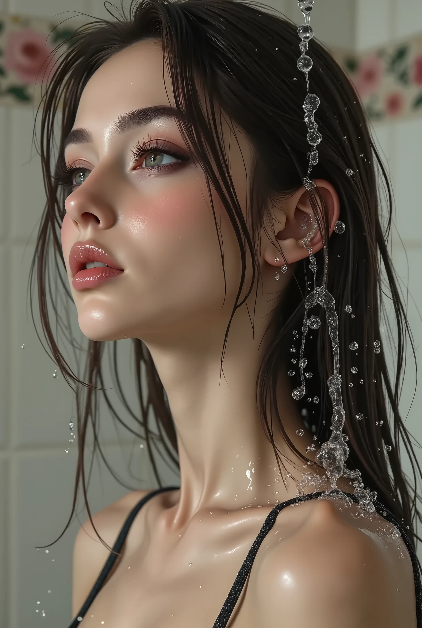 fashionable beautiful model with perfect figure ((in the shower)), ((in the background tiles with a floral)), ((Ultrarealistic – high quality, 8K, ultra-high resolution)), (1 girl: 1.3), (photorealistic: 1.55), (Realistic: 1.55 ) 、(masterpiece)、((absurd))、 ((very sharp))、((perfect figure)), ((Very detailed facial and skin textures)), (Realistic faces), Original photo, (Very beautiful, detailed face :1.38)、((very detailed lips: 1.21)、(very detailed nose: 1.mall head: 1.4))、 full body esbian、((High Contrast))、((Erotic:1.6)), ((random expressions))、((firm full breasts:1.35)), (narrow waist:1.3), medium ass, beautiful cheekbones, (slim belly: 1.3), ((well-muscled body:1.3)), ((slim face)), ((anatomically correct))、(professional lighting)、((water gushing from above:1.15)), ((wet whole body and soaked hair:1.25)), ((thick layer of foam from large bubbles in all intimate areas: 1.4)), ((bent:1.3)), looking up, ((side shot)), ((from below:1.3)), ((body shot to knees))、