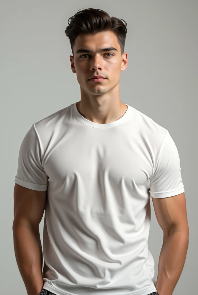 Tall Handsome male with Blonde hair and blue eyes posing for a model shoot wearing a plain white tee shirt Facing the Camera. The shirt is form fitting but not tight