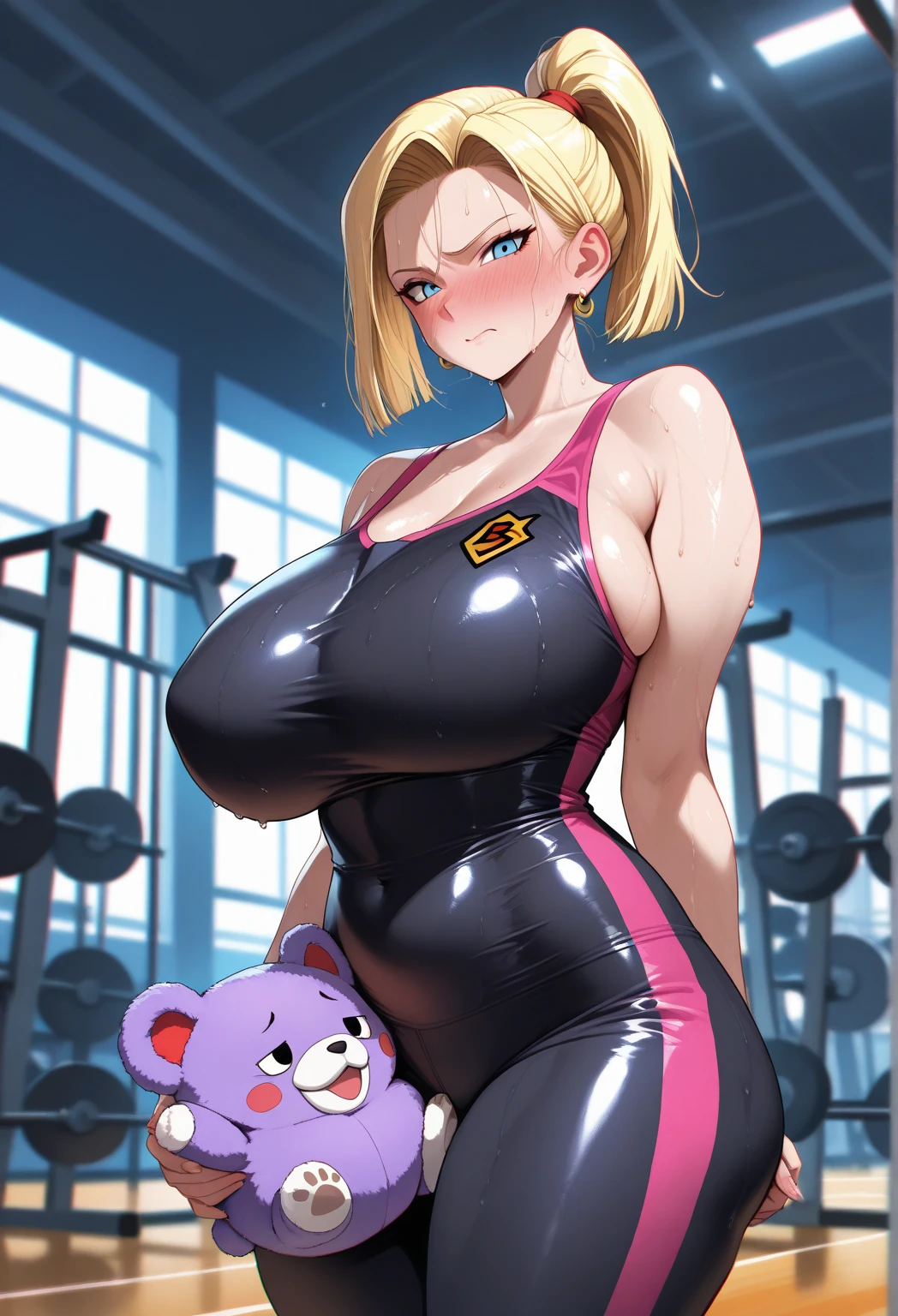 human, curvy, pink leotard, shortstack, drill twintails hairstyle, blonde hair, small girl, large breasts, big eyes, midget, long white kneesocks, long gloves, full body