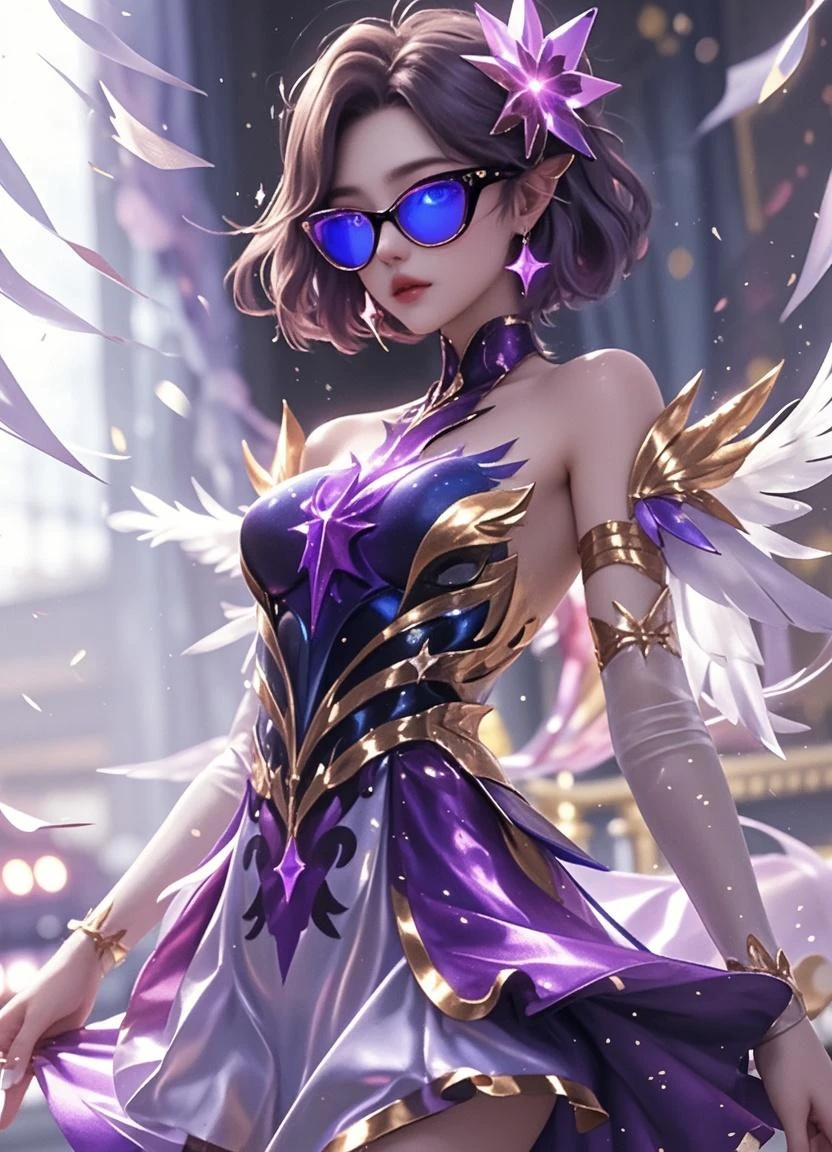 very high image quality, high quality, masterpiece, exquisite, 16k, anime illustrations, great proportions, white glossy short hair with splashes in places, messy hair, half-up knitting ponytail hair style, intelligent beauty, black glasses, sparkling blue big eyes, glossy pink lips, laugh like a prankster, happy, shy, huge breasts, slender, full body, tattoos, black corset dress with gold embroidery, singing a song, playing the star shaped electric guitar, microphone, live stage