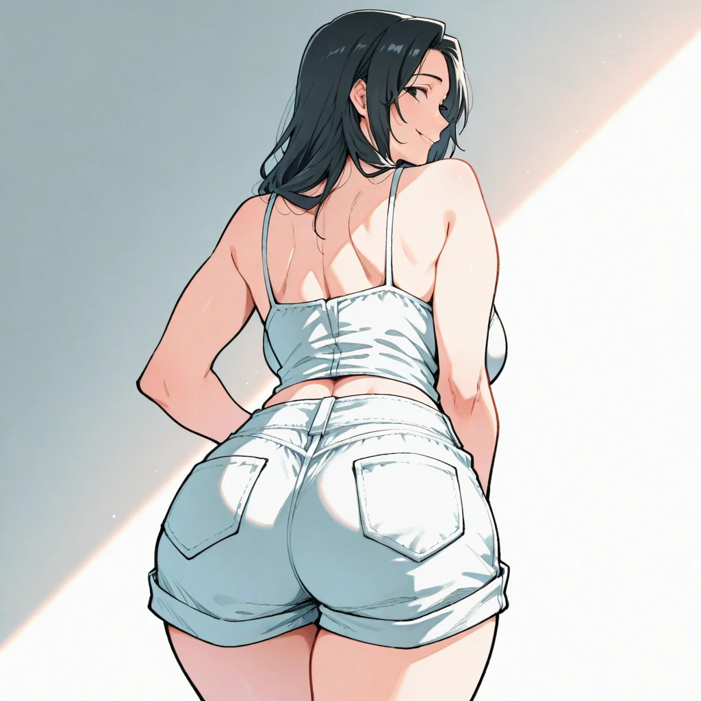 Curvy dark-haired Latina, in white bra, white fullback cotton panties, wearing lipstick, back shot, anime art style, intricate details