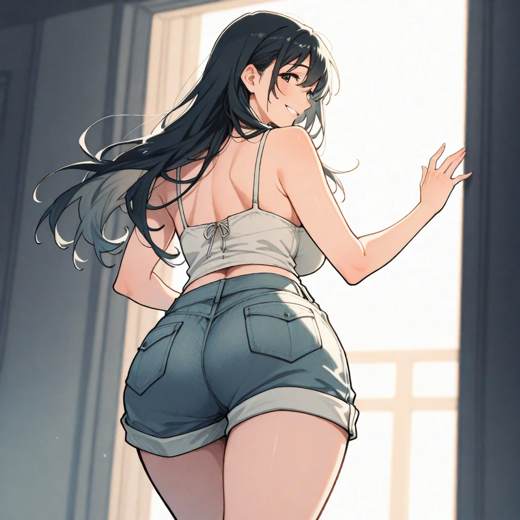 Best Quality, masterpiece, ((Solo, 1girl)), Komi shouko, fine detailed shiny eyes, medium chest, high resolution, best lighting, extremely detailed illustrations, blush, embarrassed, smile, open mouth, crotch seam, cameltoe, day, very NSFW, no bra, white shirt, very hot, extremely aroused, very small shorts, panty strings visible, thong strings visible, butt facing camera, view from behind,