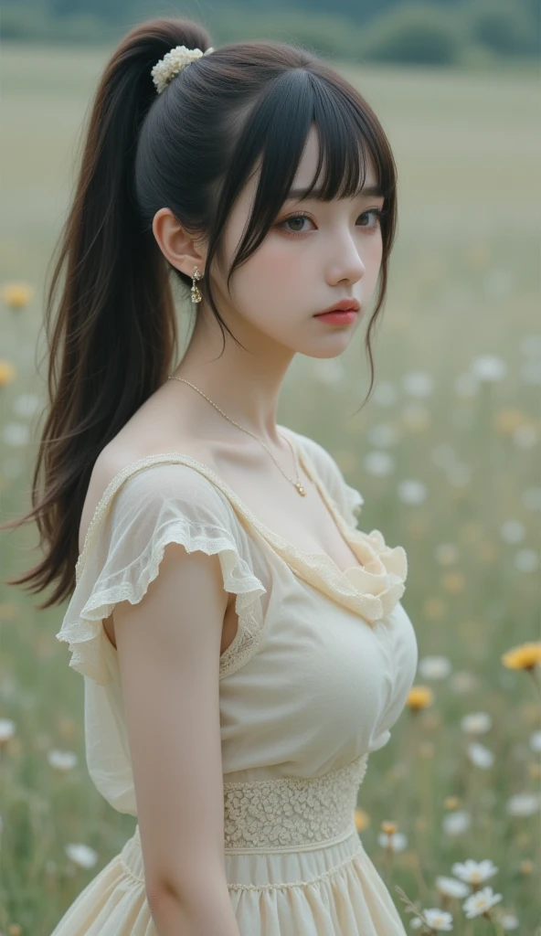 (masterpiece:1.4),, (best quality:1.4),, ultra-high res,, 8K, CG,, (extremely delicate and beautiful:1.2),, , upper body,, from side,, looking at viewer,, , 1girl,, solo,, fashi-girl,, mature girl,, , cute, sweet,, , in the wheat field,, blurry background,, , long brown hair,, ponytail hair,, , brown eyes,, closed mouth,, red lips,, , face brushed by the wind,, , white dress,, medium breasts,