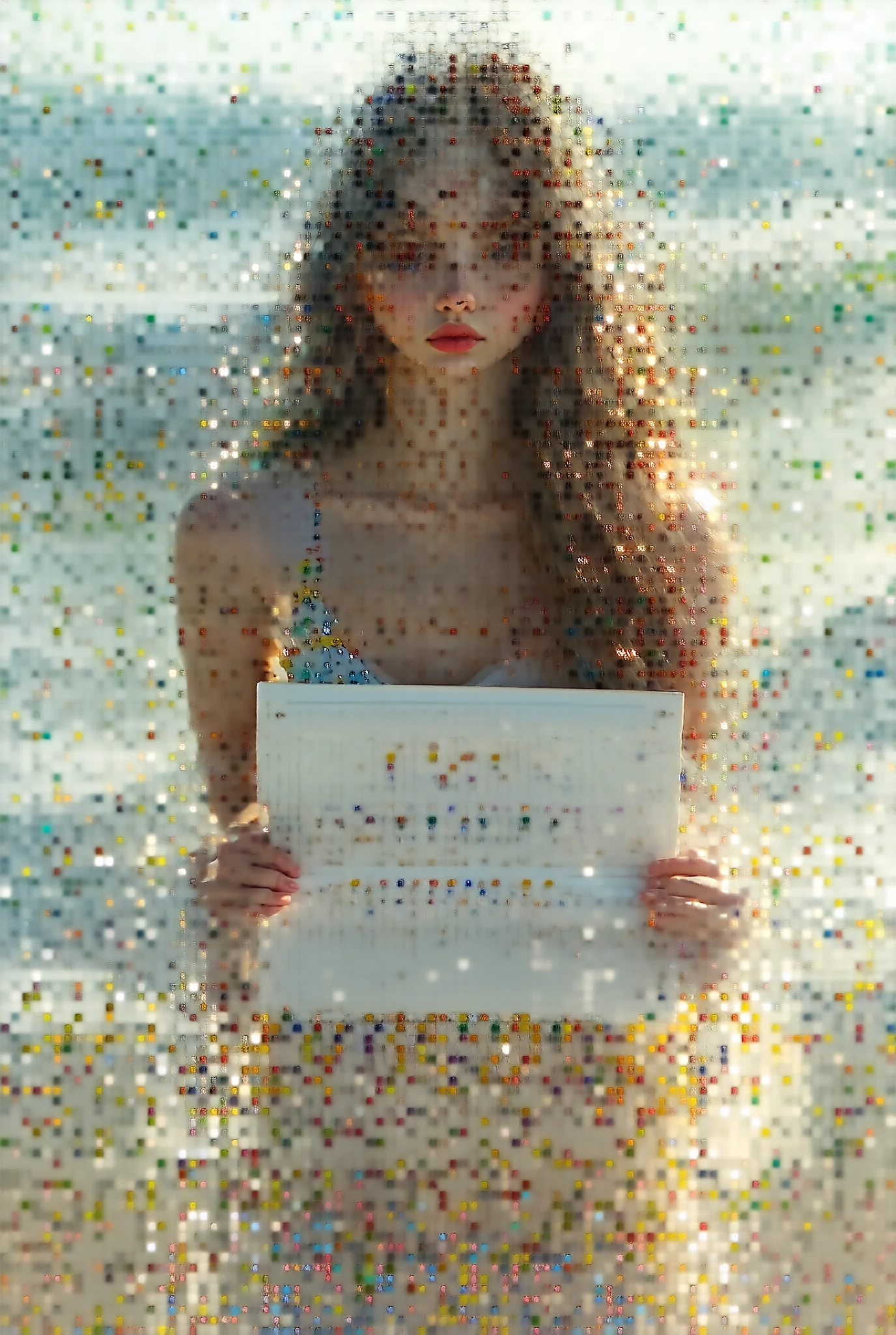 a girl in a pool, bare breasts, wearing panties, covering her breasts with a sign that says "THANK YOU FOR 1000 followers", oil painting inspired by Bill Sienkiewicz, detailed face, beautiful eyes, long eyelashes, beautiful lips, hyper realistic, 8k, photorealistic, masterpiece, vibrant colors, dramatic lighting, cinematic composition, intricate details