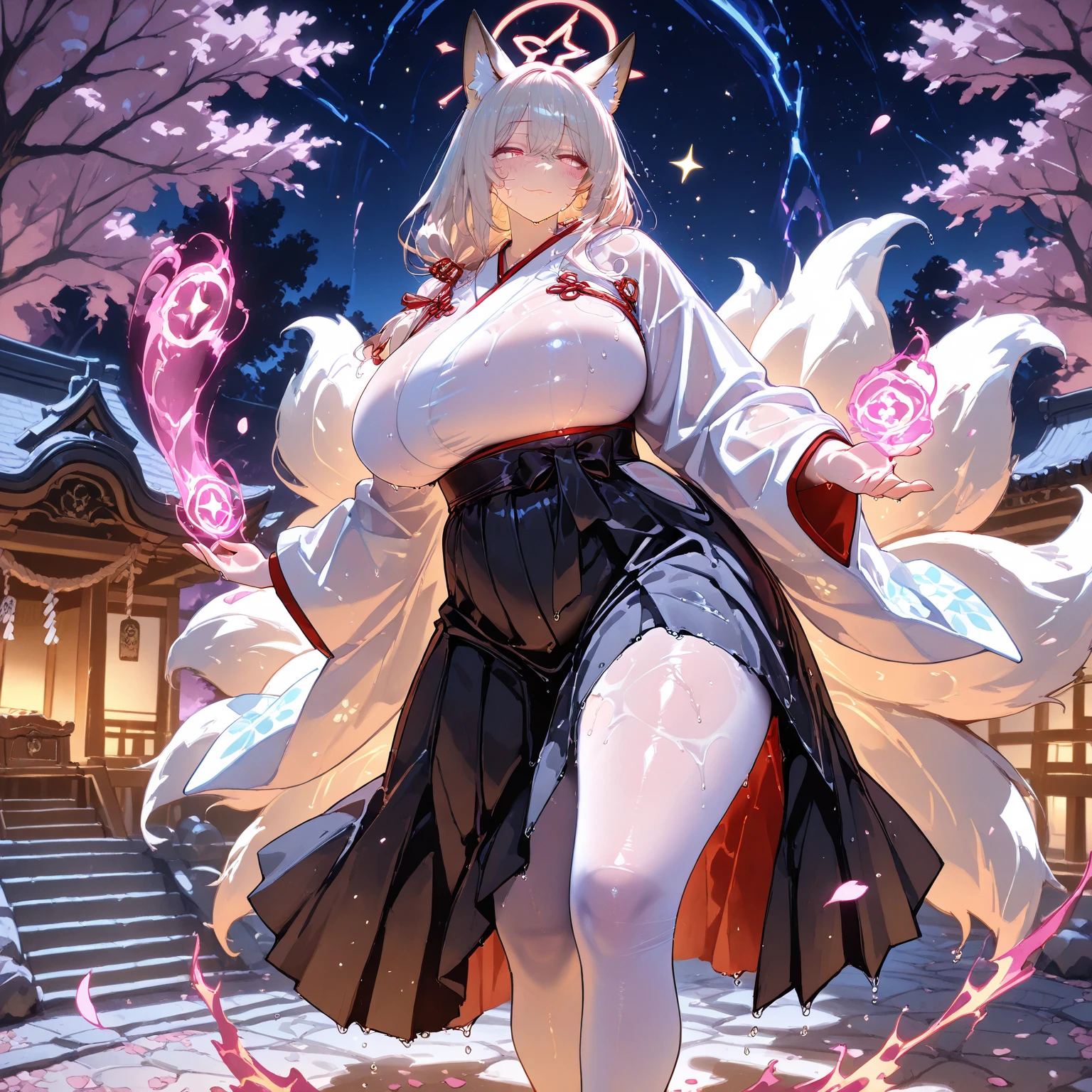 actual, , white hair, big eyes, Smile，open mouth，big breasts，glowing eyes，open lips, blush, daytime，background orc ears，Fox fairy，Kimono decoration，sexy，exposed，charming smile，Half-dressed kimono，white fox ears，White pink fox tail，high thigh slit，，Exquisite background，Mature，red background，Warm colors，red sleeves，Bright colors，white hair，Sense of lens,Lying in bed，Mature women