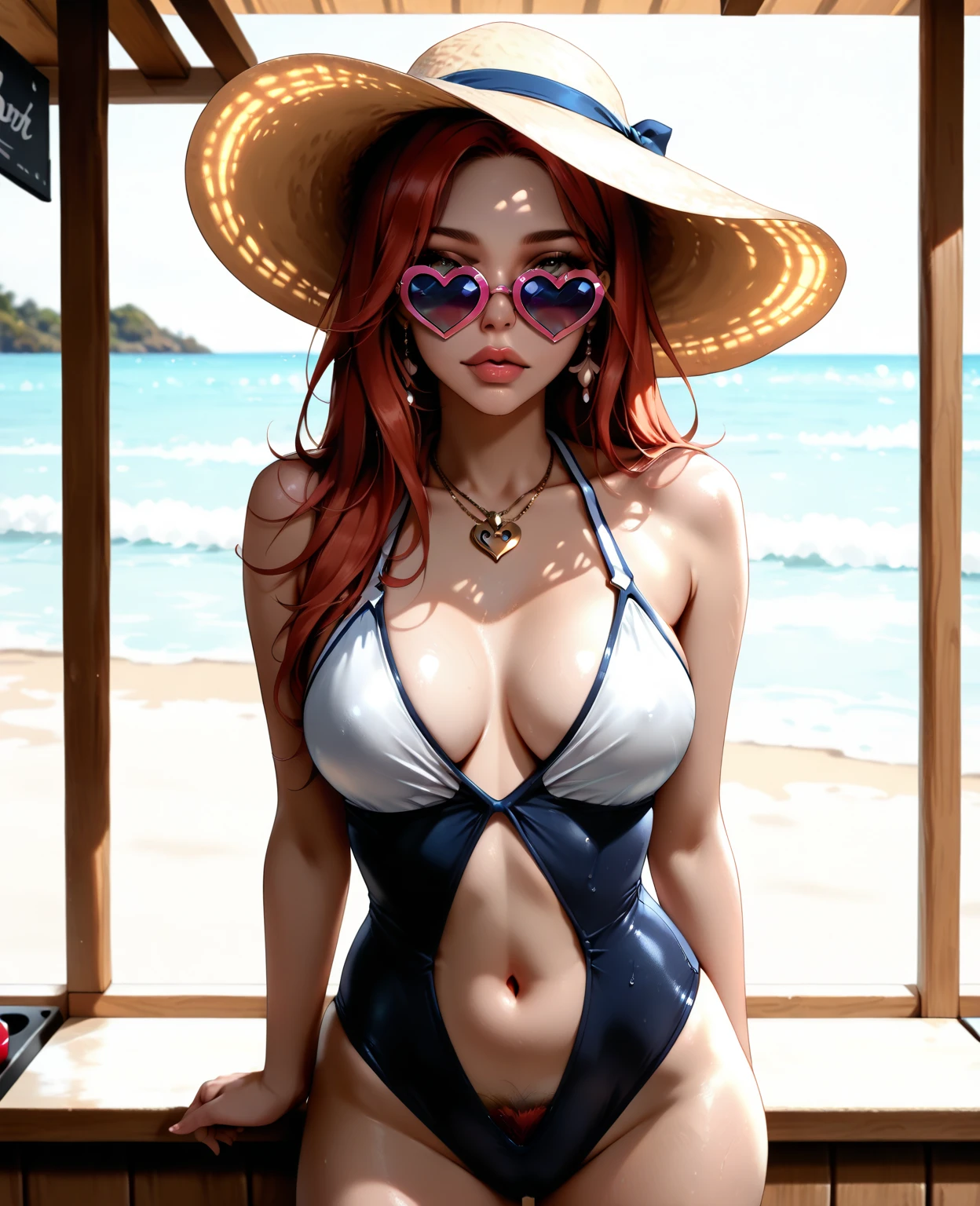 ((Nami from One piece series))(she has big glowing blue eyes)(bright red lips) (((very long orange hairstyle)))(dark eyeshadows make up)((very huge breasts)) (perfect slim body) (slim waist)((wear blue tiny string bikini with white stripes prints)),(brazalets) ((posing sexy with hands on hair on the going merry ship deck))(masterpiece, high definition, amazing illumination and dinamic shadows)((masterpiece))(8k)(perfect face)(best quality) (perfect hands, eyes, and face)