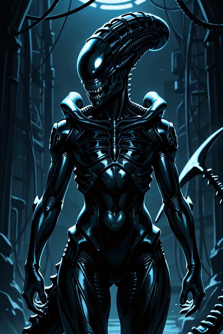 masterpiece, best quality, absurdres, xenomorphdna, 1girl, sitting, faceless, black skin, colored skin, armored dress, looking at viewer,