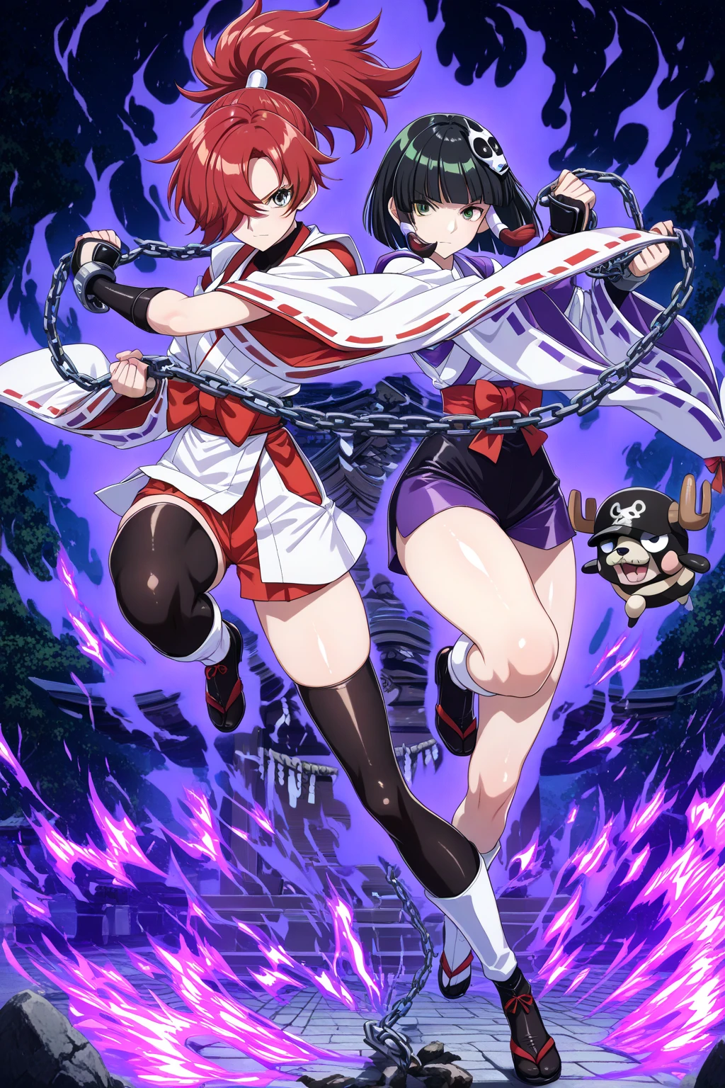 masterpiece, top quality, very high definition, Newest, very beautiful, amazing quality,Hi-Res,(Two Girls),(Girl _A_ And Girl _B_), (Girl _A_, Shrine maiden,high ponytail,medium hair,Straight Hair,hime cut,hair over on eye,hair tubes,Black hair,shiny hair,(Holding a chain:1.5),Fighting pose,purple aura,(Hopping:1.5),),　                                                             
BREAK,                                                              
(Girl _B_, ninja,boyish,tomboy,extra short hair,chopper hair,kinky hair,red hair,green eyes,Attach a),　　　full body,full body shot,