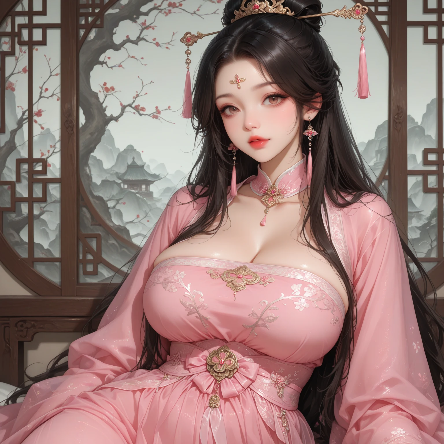 prostitute，China，A mom，random face of Taiwanese actress, The skin is very white，Pink sheets, Behind pink curtains, Pink curtains, Pink and cinematic lighting, fully covered in drapes,Pink cloth, Pink mood in background, boudoir photography, draped in flowing fabric, 4 k glamour photography, Glows pink, Sexy woman，Sexual significance，sexual teasing，large tall，Curvy beauty，is very beautiful，Mature face，Mature charm,徐娘半老，Wet and transparent sexy nightdress