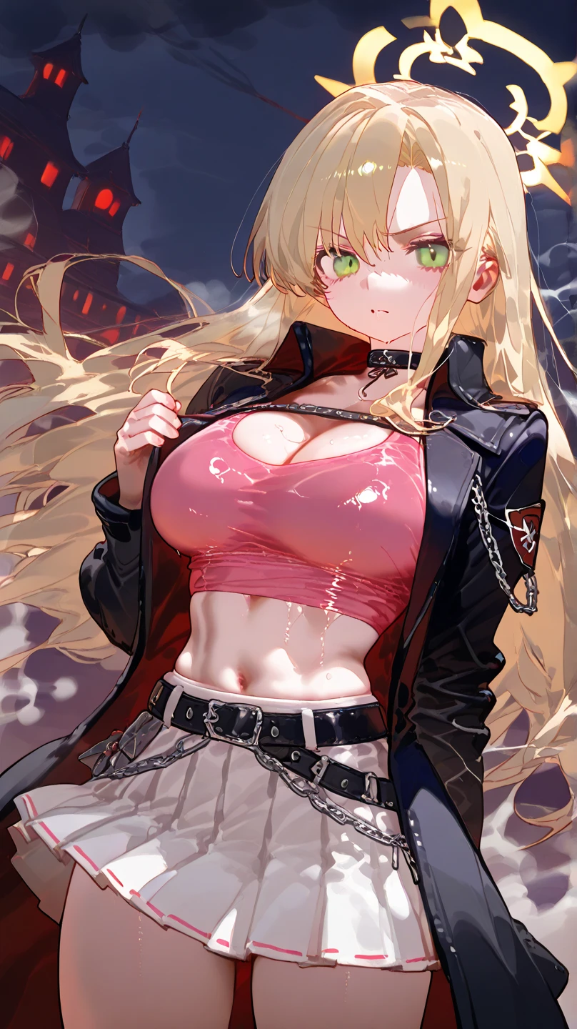 ((masterpiece)), ((best quality)), 1girl, adult, long hair, big bust, ((blonde hair)), very long blonde hair, ((intimidant look)), ((close-up)), profile image, green eyes, black and red clothes, sexy, dark colors, brillant eyes, ((coat with fur)), ((wavy hair)), exposed skin, ((sexy pose)), ((intimidant look)), good anatomy, ((dark sage clothes)), ((straight cut bangs)), emotionless, intimidant, ((beautiful eyes)), dark background, close up, ((detailed eyes)), beautiful eyes, ((detailed face)), hair bang, frontal look, evil, relaxed, smile, magical goddess othinus, abs, detailed face, eyepatch, huge tits, full body, ((detailed))
