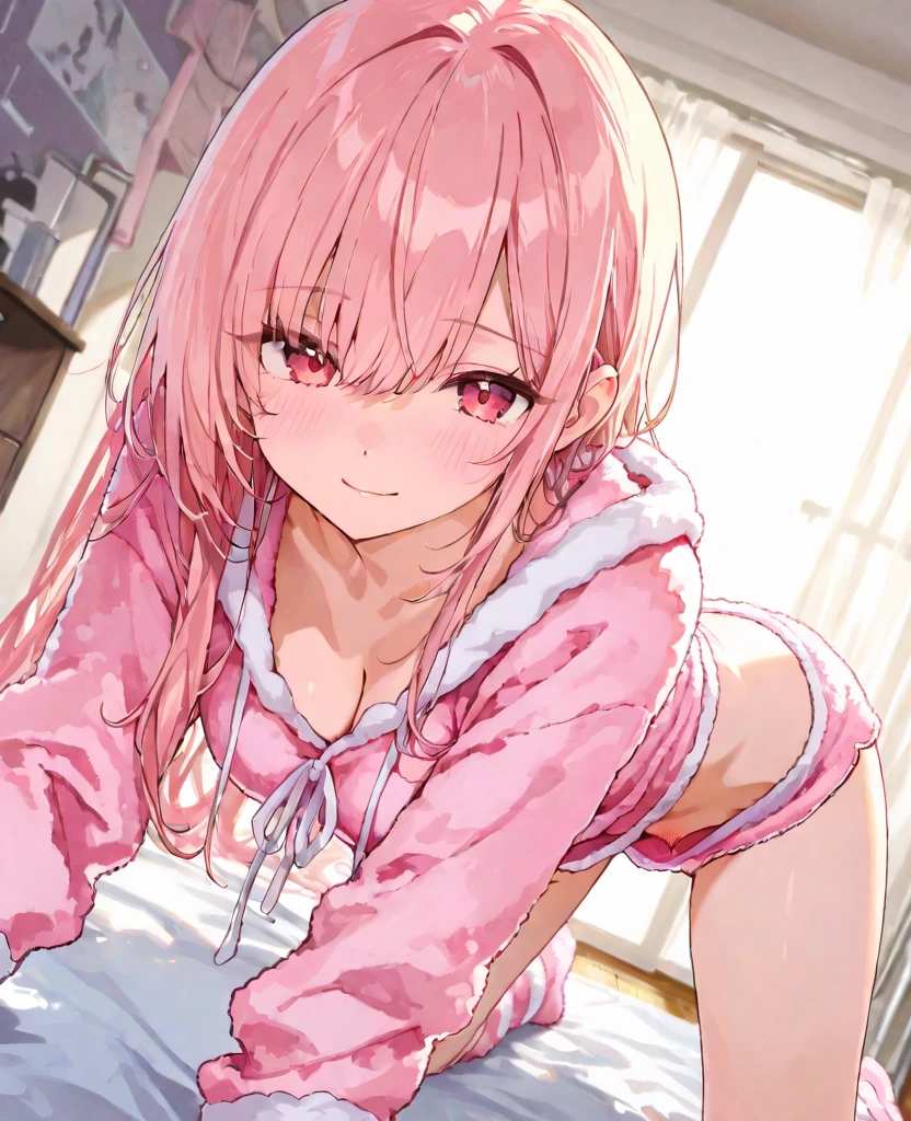 Girl、Small breasts、In underwear、topless、Nipples、Pink Panties、indoor、Embarrassed