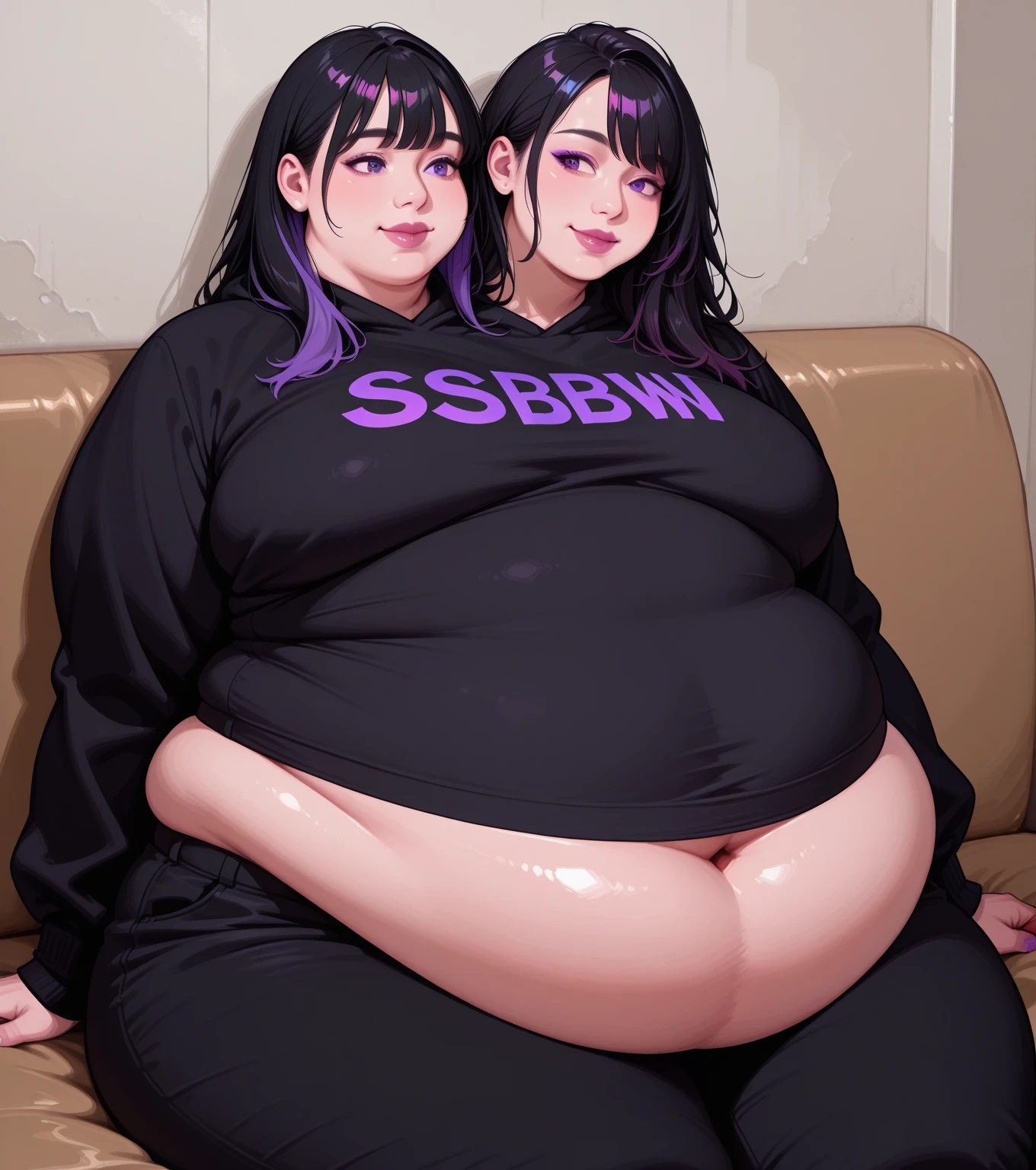 A voraciously peeing massively obese pink haired cosplay slut girl with a second even more sexually attractive goth bimbo head growing out of the side of her neck. She is hugely fat and hairy with so big they weigh 100 pounds. Her belly has cellulite and stretch marks from how big it is. She is pissing her bed and all over her fat fupa and pussy. Her two heads form a y shape where they attach to the same body by their shared throat. The bed they’re laying in is soaked in their piss. The goth bimbo has piercings and tattoos on her slender model face. She’s embarrassed that her sexy head has become part of this fat conjoined body and forced to piss her bed. You can clearly see her massively round 98 ZZ cup breasts. You can see where her second head grows out of the side of her neck. Her belly is fat and hugely heavy and is clearly on display. She is horrified by what she has become.