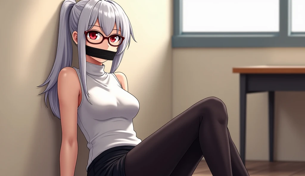 a white hair、Close-up of Miss wearing white mask, Beautiful character painting, Guweiz, Gurwitz-style artwork, White-haired god, author:Yang Jie, Epic and beautiful character art, Stunning character art, author:Fan Qi, by Wuzhun Shifan, pixiv Art Street Guviz, Single ponytail, insult, High Ponytail, Tall and big, Long legs, (sleeveless lace shirt), (shorts), (Striped )), ((Striped )), Walk, elegant, dignified, Miss, Beautiful curves, sweet smile, Strong sense of detail and layering, colour丰富绚丽, Has a unique texture, rich and colourful, colour, vivid, Design Art, 16K, Super detailed, {{illustration}}, {Extremely refined}, {Exquisite surface treatment}, Super detailed, Delicate and shining eyes, {{Light}}, Ultimate light effect, model: Realism, CFG size: 12, Laura: Bright texture (1.35), high quality, masterpiece, Exquisite facial features, Delicate hair depiction, Detailed depiction of the eyes, masterpiece, best quality, Light line tracing, Extremely detailed CG unified 8k wallpaper, masterpiece, best quality, (1 girl), Perfect Miss Body, (((tight white t shirt))), beautiful eyes, (Delicate face), Black short hair, Tie your hair up, Light blue hairpin, Black silk frame glasses, in class, (White skin), (Optimal Lighting), (Super intricate details), 4k unity, (Super detailed CG), Showing off her white legs, , Hot Pants, shorts,Sexy Long Legs, Thin waist, Sweat drips down my waist, Showing belly, Extremely detailed depiction, Pink Hair, Asymmetrical bangs, Transparent clothes, Hands on thighs, Move your eyes away, 8k resolution, Raise an eyebrow, shiny hair, Flower head, Wristbands, bandage,ballgag ,Bondage (shibari,hands tied behind back:1.5), (shibari:1.21),Tied up, drooling,Two middle-aged men standing side by side ,(((black ballgag)))(((Wear glasses)))