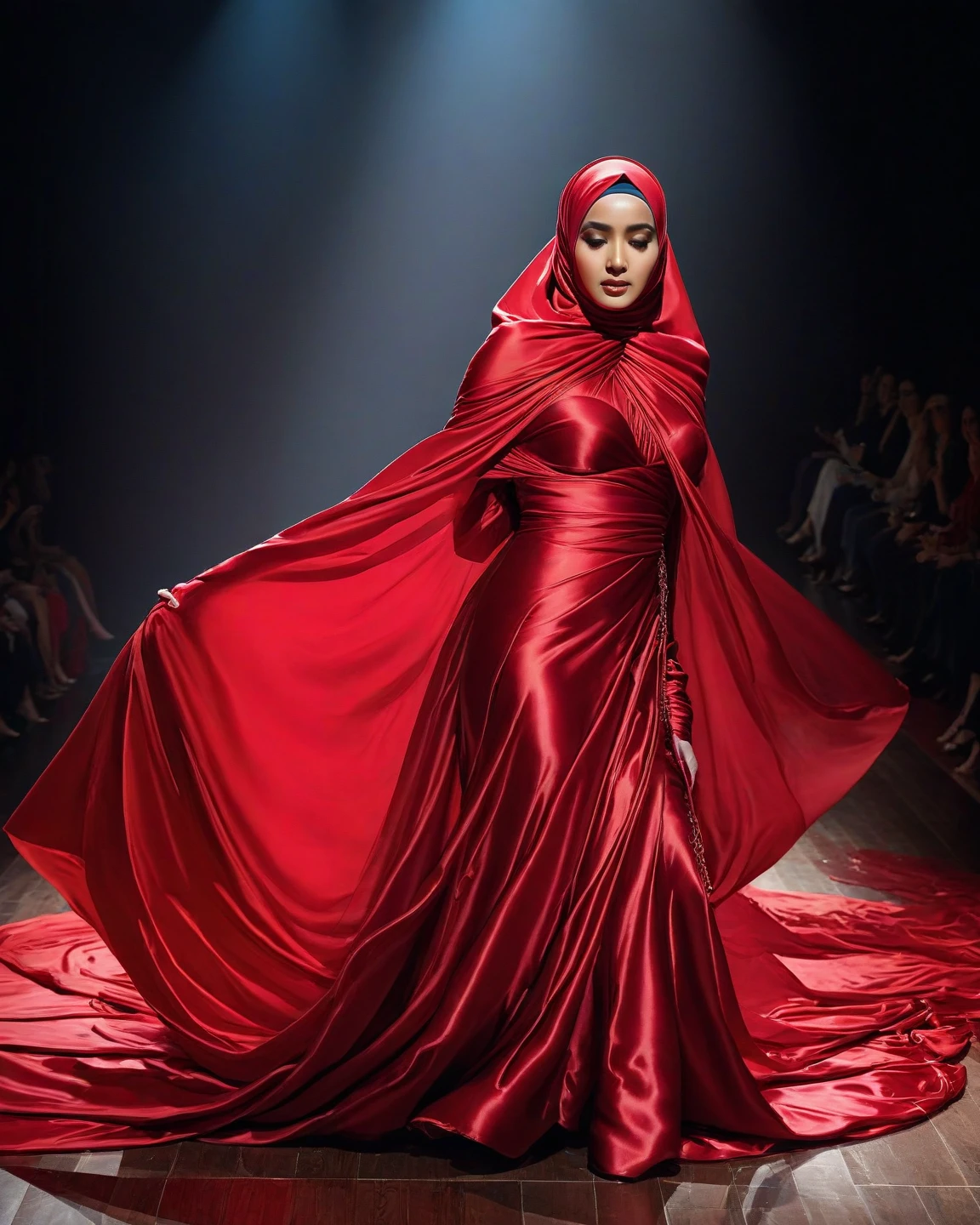 A woman shrouded in a 8-meter-long, plush red satin cloth, tightly bound and grandly draping along the form of her body, flowing off into a pooled floor-length train, styled in a mermaid-inspired outfit with very long train outfit, her head modestly veiled in a satin hijab, tall woman, walk on stage, in fashion show, a full-body pose conveying a sense of mysterious elegance, captured in a 4k resolution, ultra-realistic