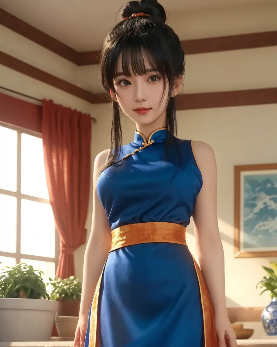 1_girl, solo, sksbrooke person, sksbrooke, (masterpiece:1.2), (best quality:1.2), perfect eyes, perfect face, 1girl, solo, brown eyes, (medium breasts), perky breasts, wearing a blue cheongsam, living room background, sitting on couch, leg spread