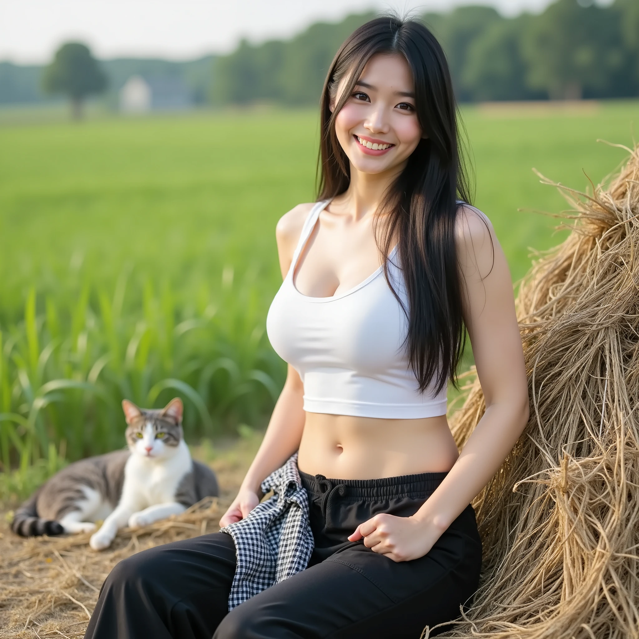 『one Japanese girl:1.3』『Real Photo:1.3』top quality:1.2、((Big breasts))、I can see my cleavage slightly、((young 20 year old woman ))、『showing teeth:1.9』、(((with anatomically correct、Perfect Anatomy、with anatomically correct指)))、slender body,realistic, top quality, Ultra high resolution, RAW photo, (Curvy body)、full body,they look and smile like idols,there is a large pile of pasture on the green prairie,a cat comfortably basking in the sun,a woman is sitting beside it and taking a break,long black cargo pants on a white tank top,taking off a checked shirt and putting it on the side,resting on a haystack,A haystack is about the height of a person