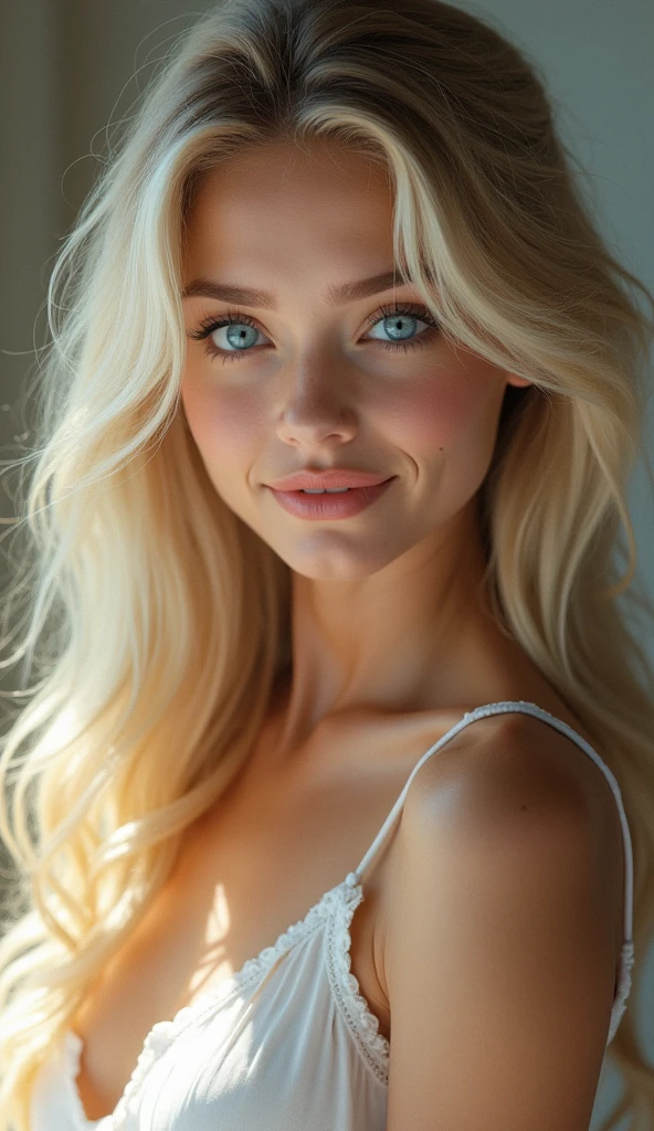 ((Realistic half body type)) RAW Photo 35mm f2.8, highly detailed, realistic lighting, beautiful girl, blue eyes, blonde hair, very sexy body, big breasts, happy smile, pale skin, beautiful skin, long hair, posing for photo, super delicate, white bra, white panties, sitting on bed at home, ((Best Quality, 8k, Masterpiece)