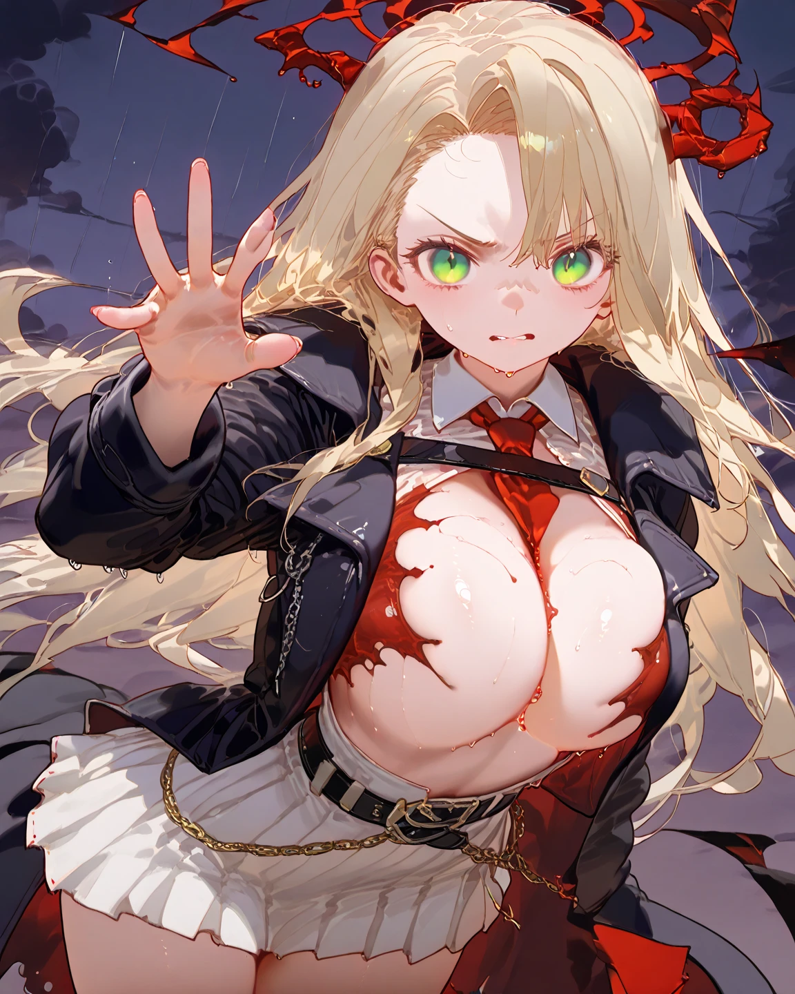 ((masterpiece)), ((highest quality)), Official Art, Beautiful Shadows, One person Blonde hair, blue eyes , A hairband holding the bangs in place, Holding a scythe, Red particles on the sickle, Red scythe, Green scarf around the neck, Hair above the eyes, (((Bursting huge breasts)))Sexy is, Fascinating breasts, Slutty Lingerie, ,Ovum eruption,covered with milk,Multiple huge Full nudity Multiple Eruption of sexual fluid Saliva eruption a large amount of milk Multiple surnames Sexual fluid squirting Eruption of breast milk Synthesize multiple breasts Multi-person synthesis Licking around Eyes are hearts Have multiple breasts A chest that doesn't fit Uninterrupted sexual fluid Multiple surnames Body becomes covered in milk sex ejaculation Orgy Big Ass Squeezing genitals between large breasts Dripping fluid from the mouth sperm all over the body Climax Extremely thick thighs Close-up