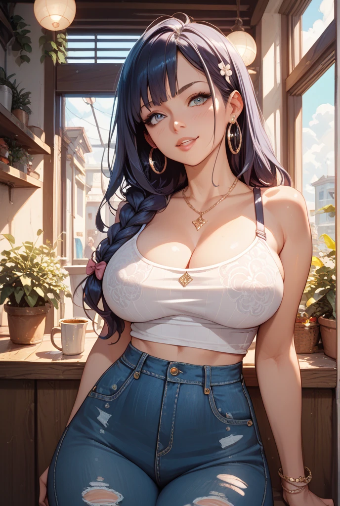 Masterpiece, beautiful art, professional artist, 8k, very detailed face, very detailed hair, very detailed clothes, 1 girl, solo, ((long straight blue hair)), (hazel eyes), ((cat ears)), beautiful face, long eyelashes, natural eyebrows, ((pink short tank top)), ((white high-waisted shorts)), standing, looking at viewer, earrings, ear piercing, large breasts, thick, cleavage, open clothes, pale skin, flirty smile, juicy lips, posing sexily, sultry eyes, ((long bangs)), ((two braids))
