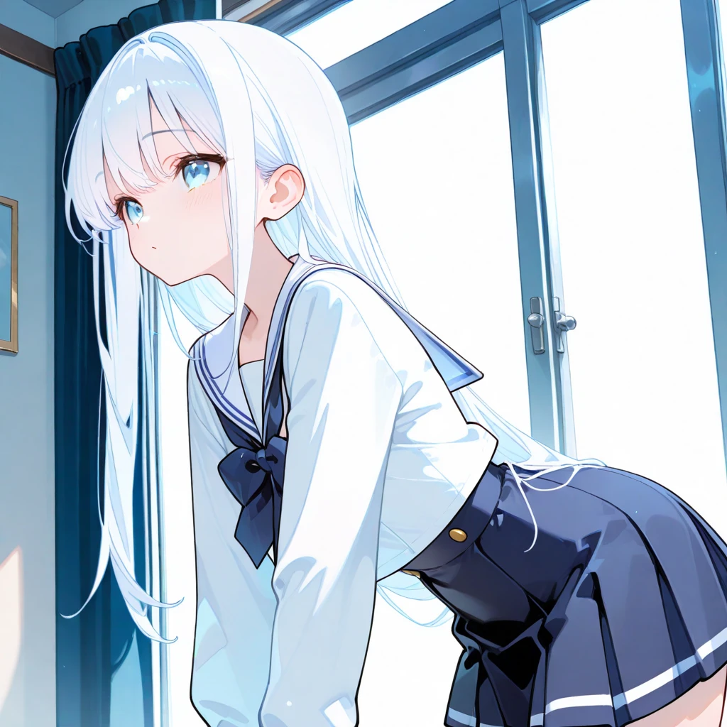 schoolgirls,white color hair,quadratic element,long whitr hair,The light from the back window is backlighted,In front of the spaceship window,Look up,The upper part of the body,Bandeau maxi dress