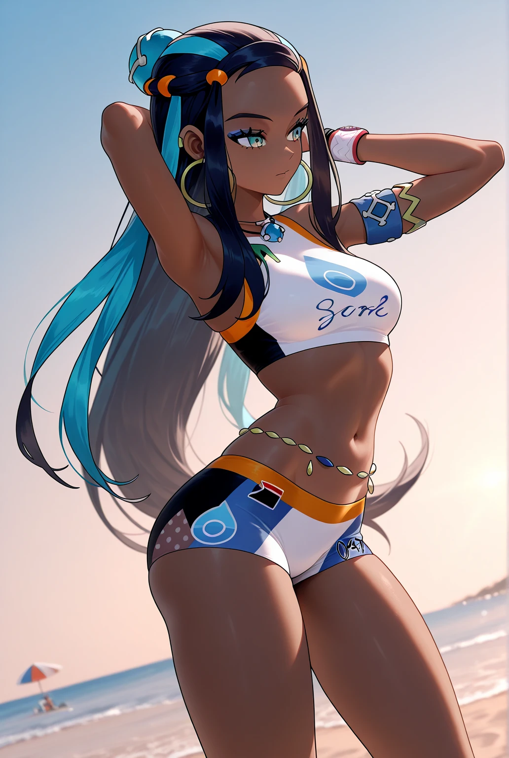 masterpiece, best quality, (1girl:1.2), solo, medium breasts, nessa, (dark skin, dark-skinned female), long hair, earrings, city, pink bikini, demin shorts, sunglasses on head <lora:nessa_pokemon:0.8>