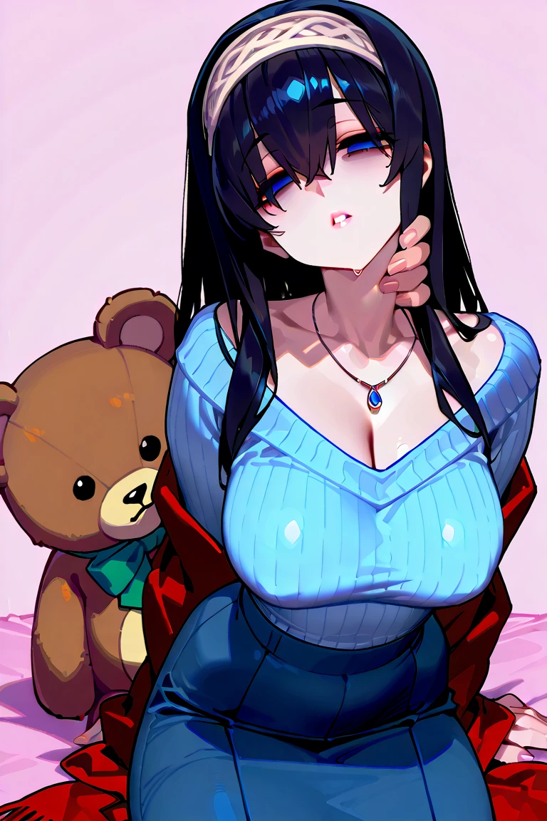 anime big breast,Lori huge breasts cleavage,black ponytail,Poor milk,black reotard,Hold a teddy bear to cover half of your face,Watch shyly