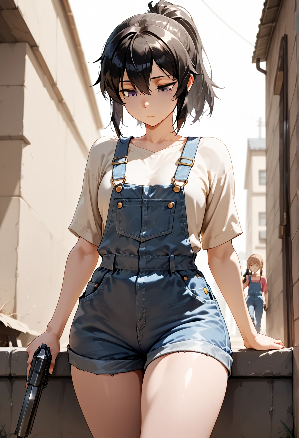 masterpiece++, best quality++, ultra-detailed+, 1girl,Woman sitting on a tire in a devastated world,eyepatch,shorthair,blackhair,tank top,Jeans,expressionless,looking away,looking at another,full body,((midnight)),rain,post apocalypse,