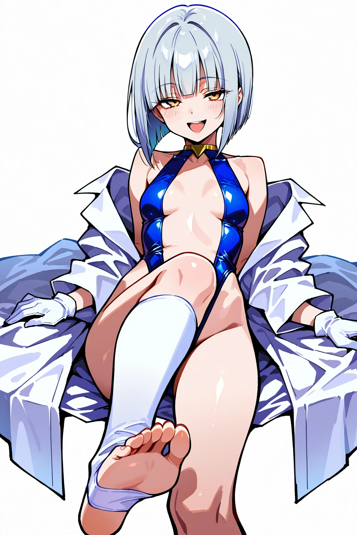 NSFW,How,(Highest quality,High resolution,Super detailed,Realistic:1.2),Portraiture,Silver Hair,Beautiful Blue Eyes,A little blush,smile,Facial steam effect,Nice beret,Twin Curl,Embarrassed look,Latex swimwear,High neck、
Female Model(1 person),High leg cut,Her slightly erect nipples are visible through her swimsuit,Open crotch design exposes your crotch to the audience,stimulated a reaction from the audience,Slightly squatting pose,Put your arms behind your head,Black socks,Brown Loafers,To the camera,By the pool