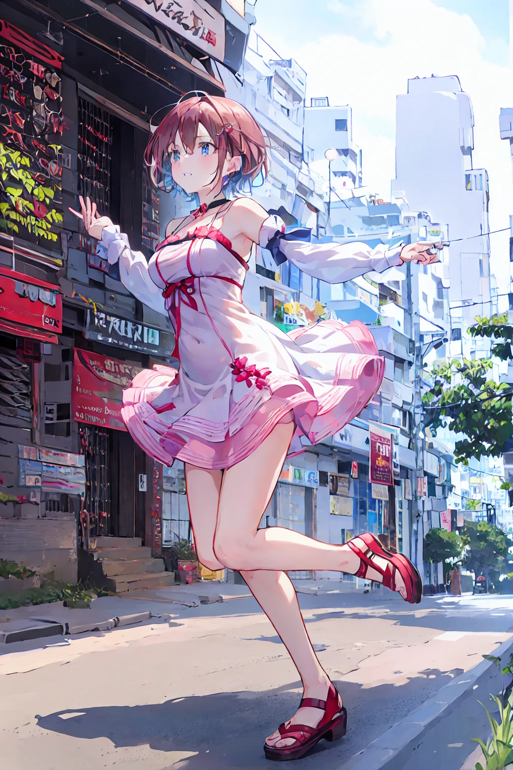 the Extremely Detailed CG Unity 8K Wallpapers、top-quality、ultra-detailliert、​masterpiece、realisitic、Photo Real、extremely detailed cute girl、20yr old、Rear view, Shirts without buttons, excited and longened nipples,, small tits, a frilled miniskirt, ((skirt lift by yourself)))、(Lifted by yourself)、(Show your ass), (Lifted so that the buttocks are visible), No panties、ass forcus、red blush、Shy smile、looking at the viewers、Semi-body shot、(crowd)、(Crowded city), (Forest of buildings), hair wavy