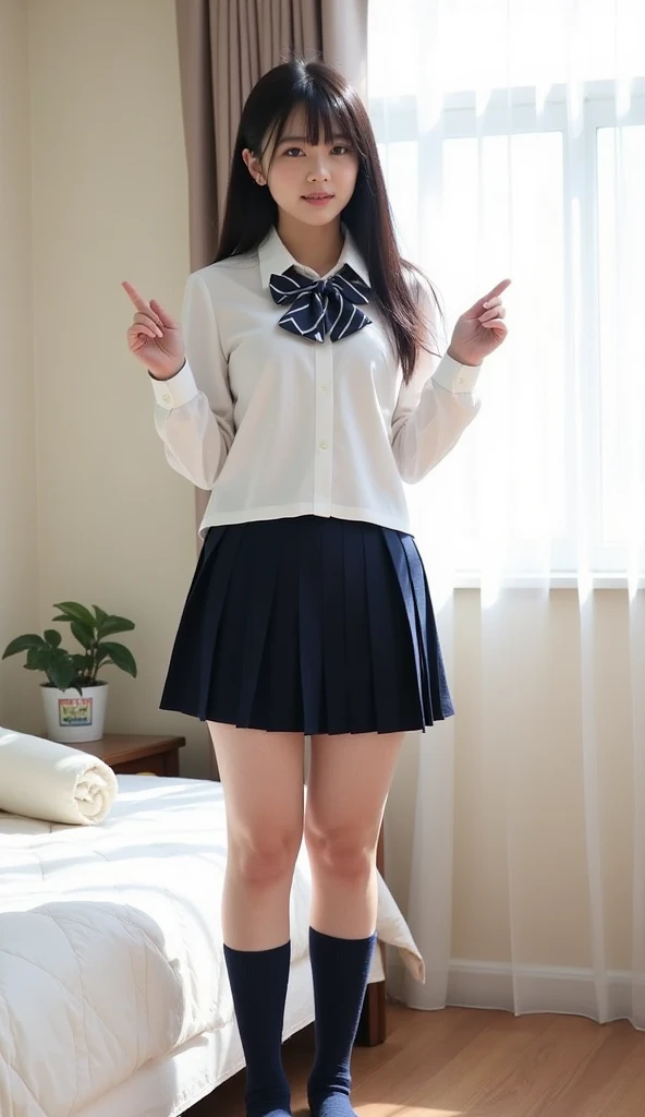 Ulzzang-6500-v1.1, (RAW photos:1.2), (realistic:1.4), Beautiful detailed girl, very detailed eyes and face, beautiful and delicate eyes, does not make sense, incredibly does not make sense, huge file size, very detailed, high resolution, very detailed, best quality, masterpiece, Kemomimi, ((Japanese girls' high school uniform)), illustration, very detailed, CG, unified, 8k wallpapers, amazing, fine details, masterpiece, best quality, very detailed CG uniform 8k wallpapers, my face shines, cinematic lighting, 1 woman, 16 years old, ((No panties)), ((dynamic pose))), (camel toe), (half), (pantyhose), (Sitting with legs bent at the knees))