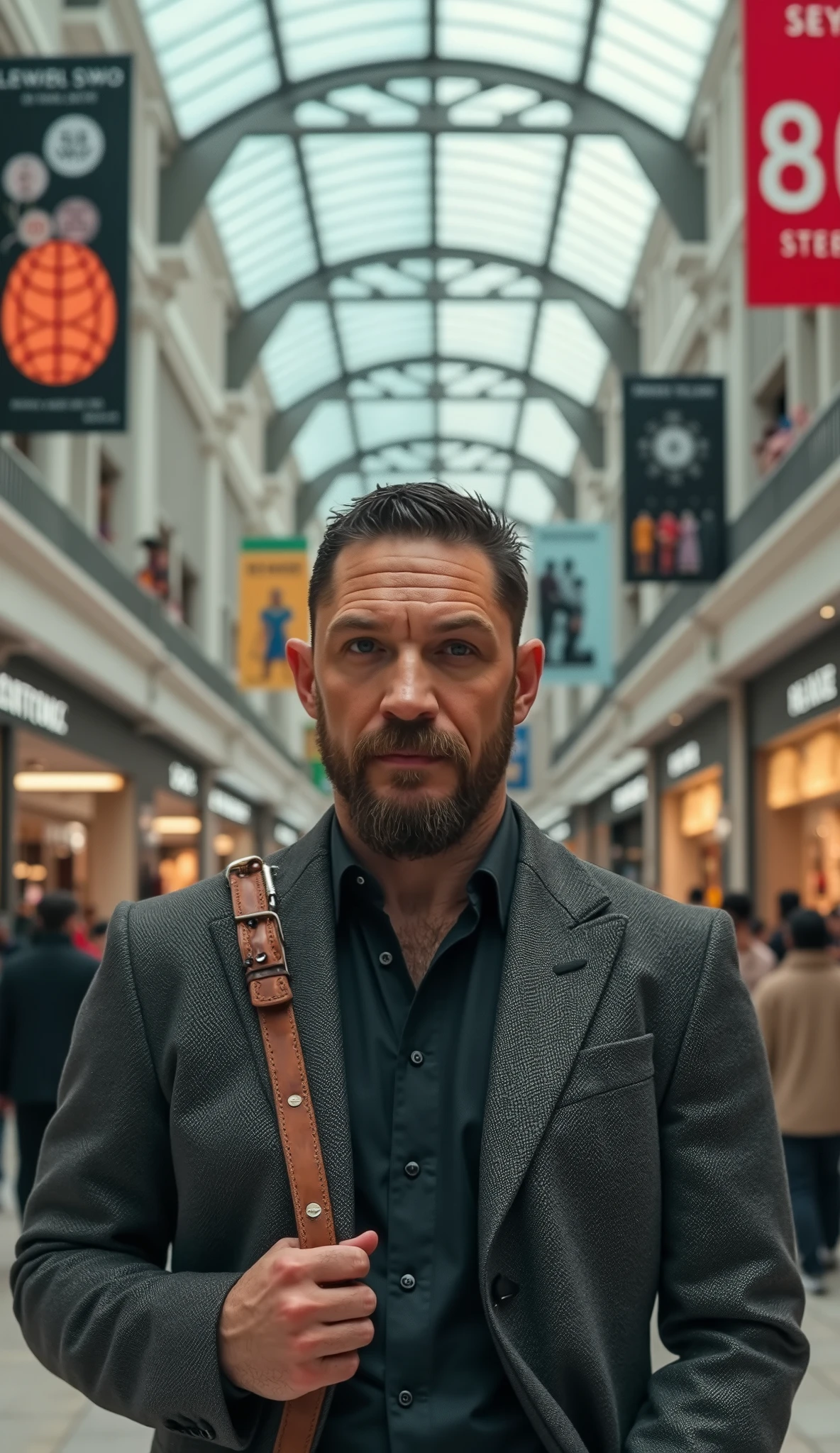 Make actor Tom Hardy hyperrealistic dressed in gray in a hyperrealistic mall background, upper body in 8k