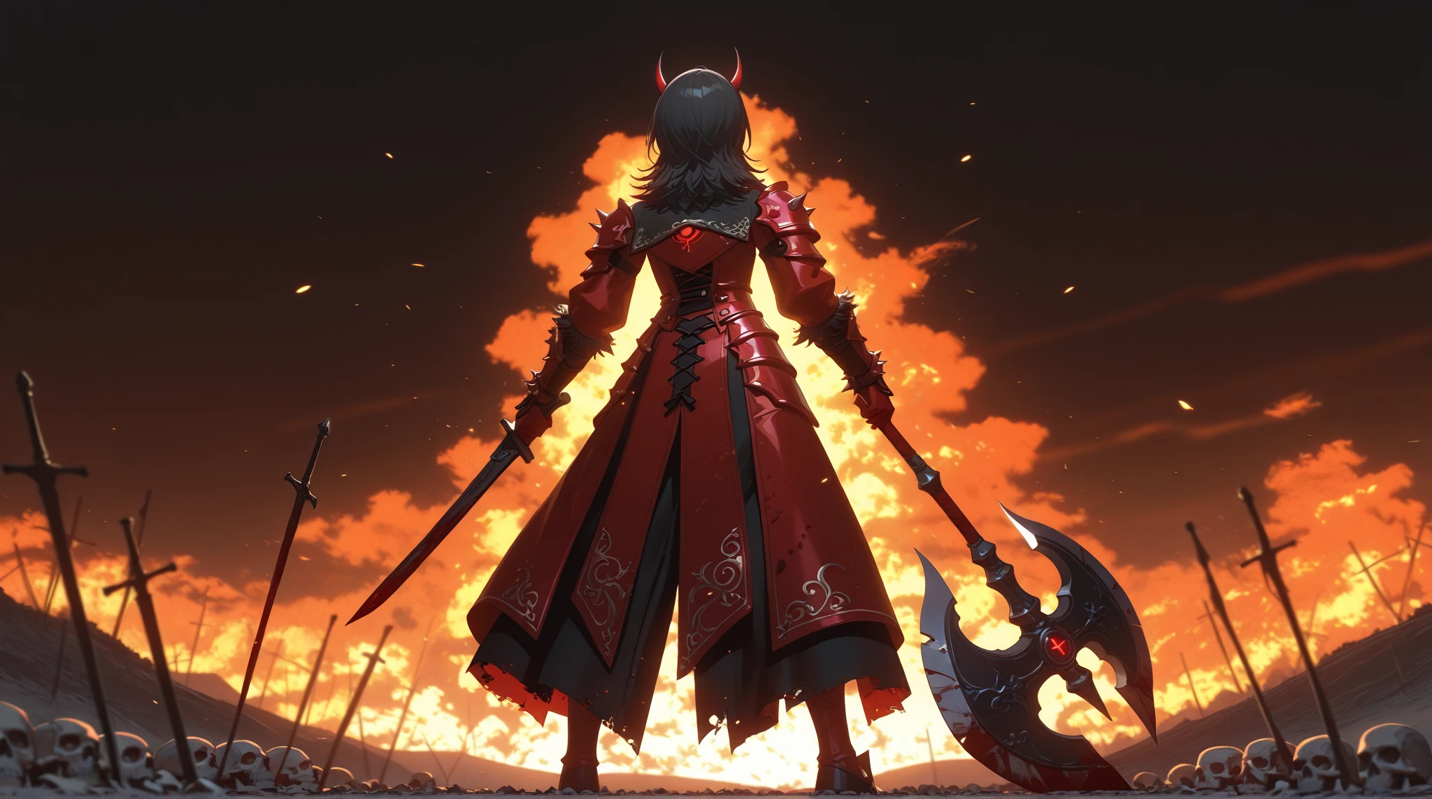 one girl, is the side of the band :1.2, whole body ,Yahata Umiri, Ave Mujica, long hair, black hair, clad in crimson spiked armor stained with blood, eyes glowing with scarlet fury,wielding a massive double-headed axe, devil horns, Standing on a hill of skulls, in a burning battlefield littered with bones and broken weapons