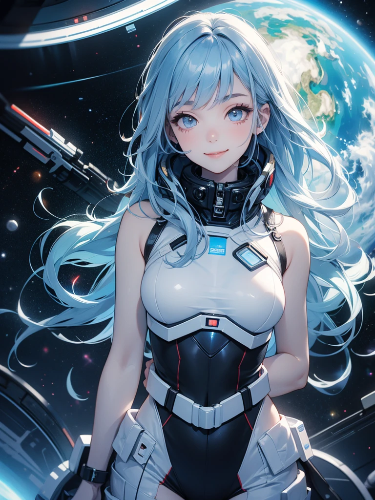 Slender beautiful girl、(White and blue futuristic space station background):1.2、Tight-fitting bodysuits of the near future、hight resolution、top-quality、The ultra-detailliert、Fine details、Does not blush cheeks、knee high、Undersized breasts、shorth hair、head phone