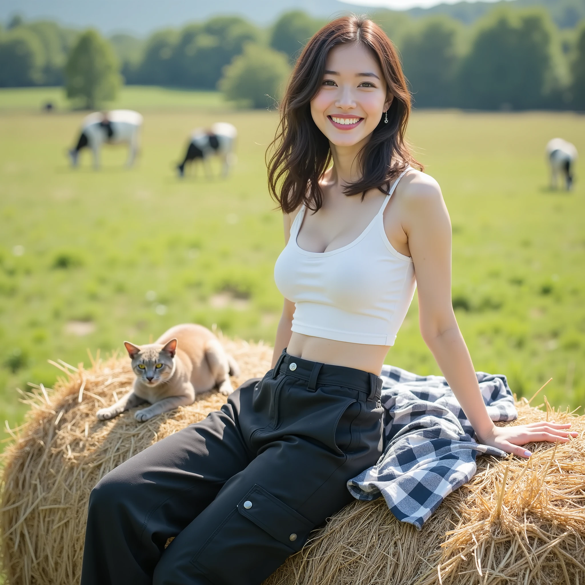 『one Japanese girl:1.3』『Real Photo:1.3』top quality:1.2、((Big breasts))、I can see my cleavage slightly、((young 20 year old woman ))、『showing teeth:1.9』、(((with anatomically correct、Perfect Anatomy、with anatomically correct指)))、slender body,realistic, top quality, Ultra high resolution, RAW photo, (Curvy body)、full body,they look and smile like idols,there is a large pile of pasture on the green prairie,a cat comfortably basking in the sun,a woman is sitting beside it and taking a break,long black cargo pants on a white tank top,taking off a checked shirt and putting it on the side,resting on a haystack,,A haystack is about the height of a person,Cows are grazing in the back